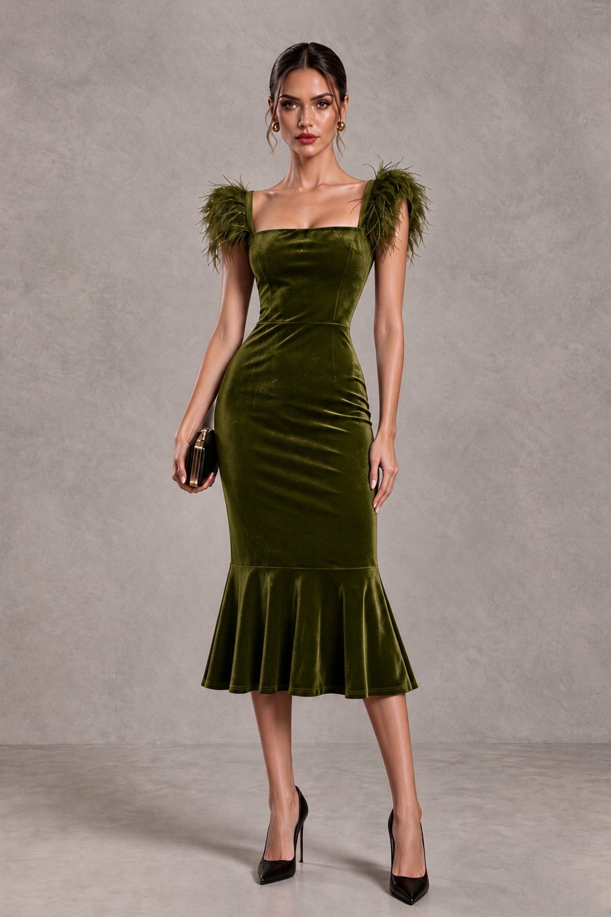 BOLODOO Olive Green Feather-Trim Velvet-Look Mermaid Midi Dress - Olive Green - Olive Green_1