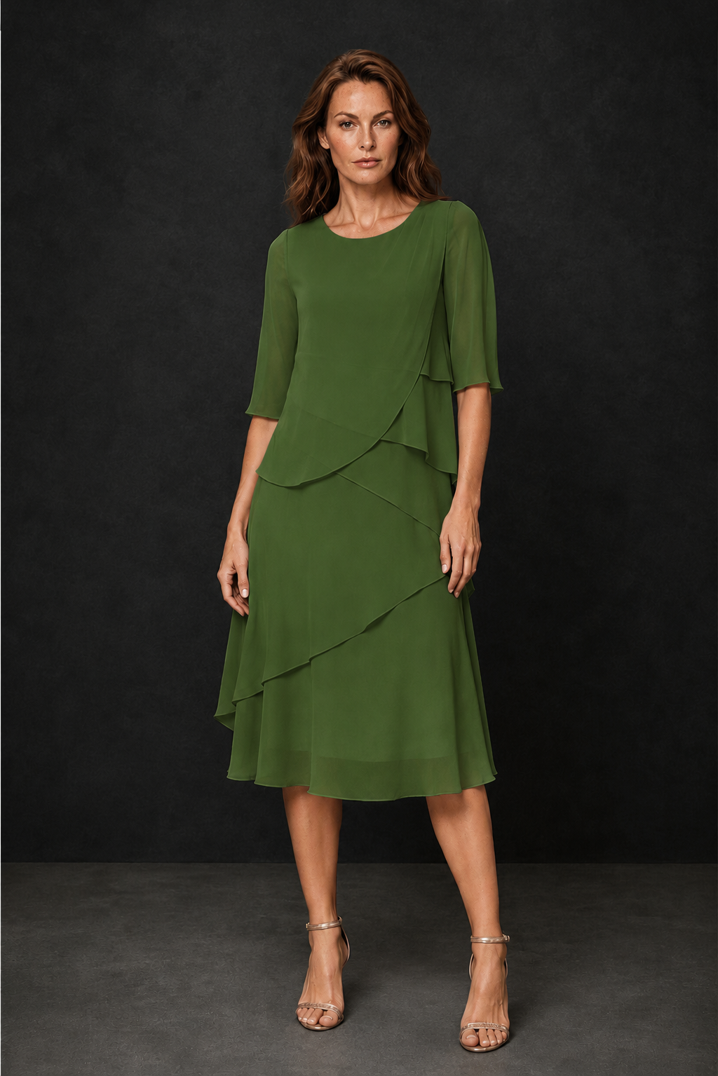 BOLODOO Olive Green Chiffon 3/4 Sleeve Asymmetric Tiered Tea Length Dress | Mother of the Bride Midi Dress - Olive Green