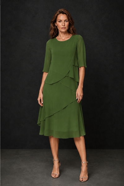 BOLODOO Olive Green Chiffon 3/4 Sleeve Asymmetric Tiered Tea Length Dress | Mother of the Bride Midi Dress - Olive Green