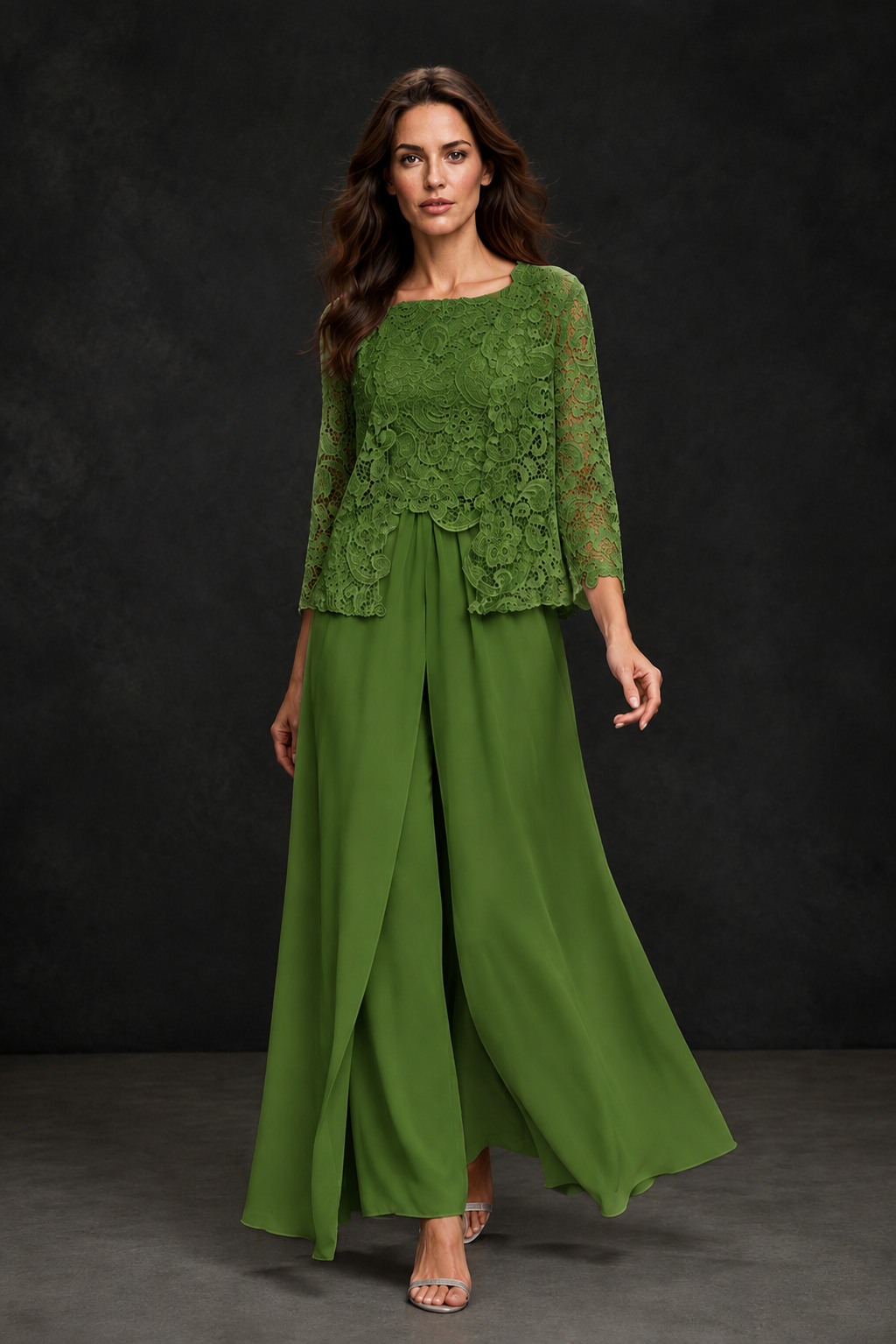 BOLODOO Olive Green Grey Lace Peplum Top & Wide-Leg Chiffon Pants Set | Mother of the Bride & Formal Evening Outfit - Olive Green