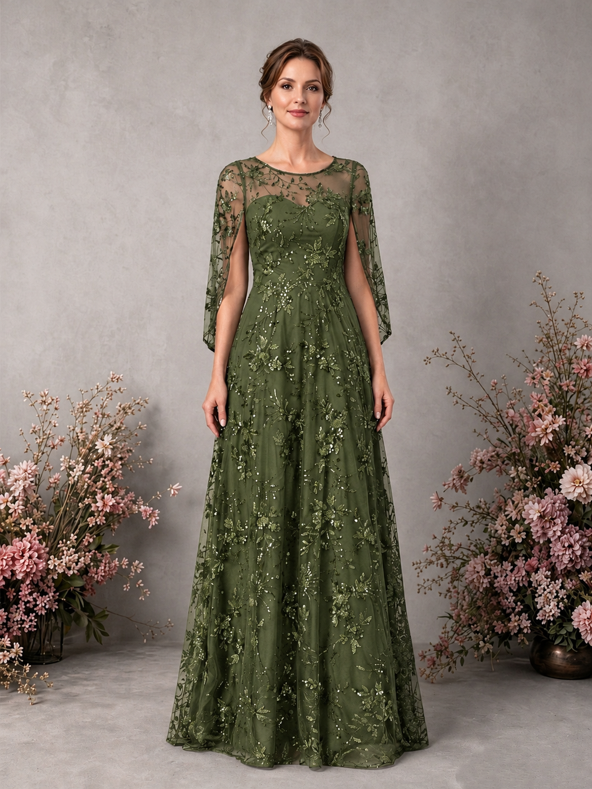 BOLODOO Olive Green Sequin Lace Cape Sleeve Formal Evening Gown - Olive Green - Olive Green_1