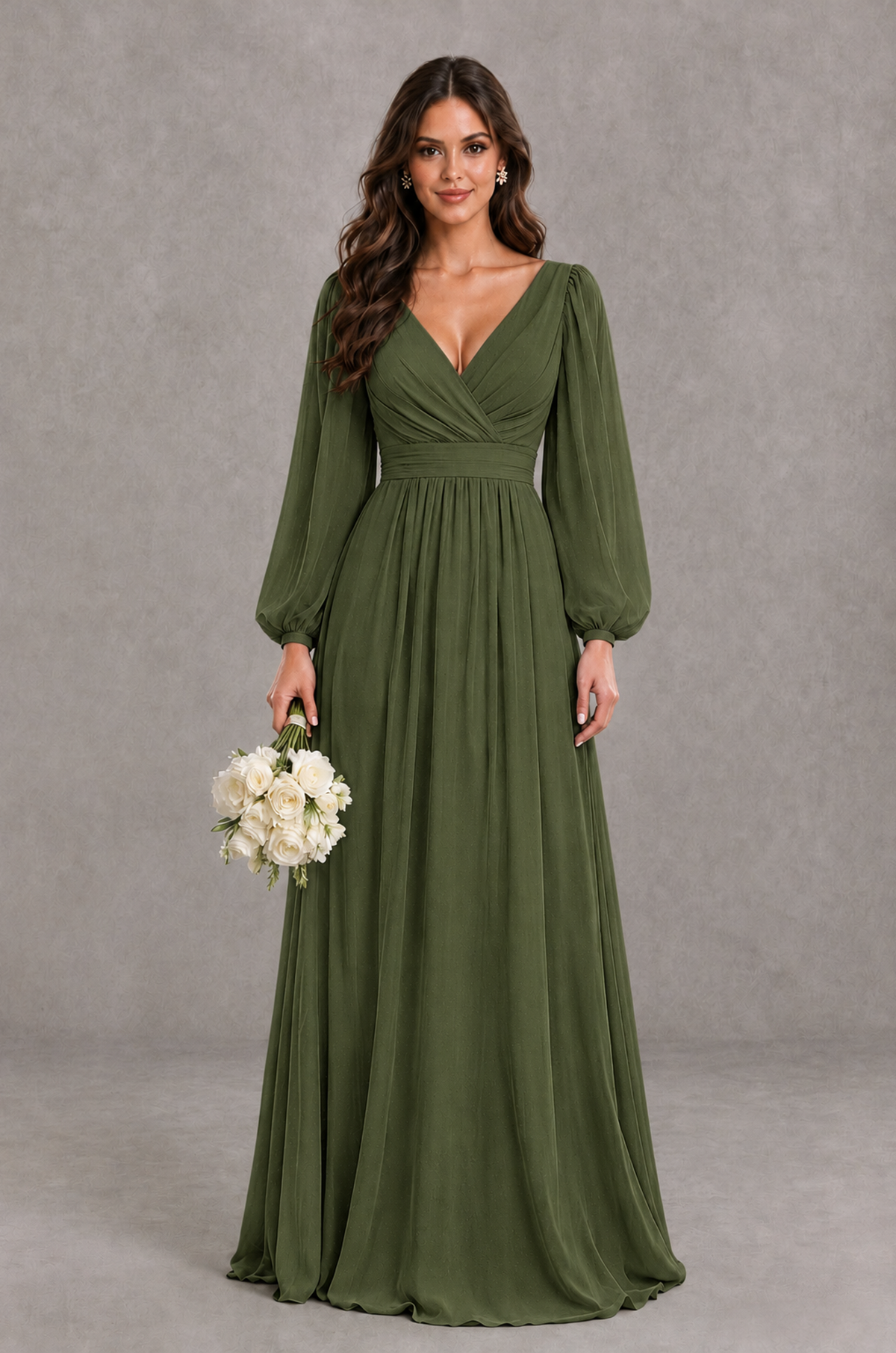BOLODOO Olive Green Long Sleeve V-Neck A-Line Bridesmaid Dress - Olive Green - Olive Green_1
