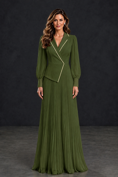 BOLODOO Olive Green Long Sleeve Pleated Mother of the Bride Dress - Olive Green - Olive Green_1