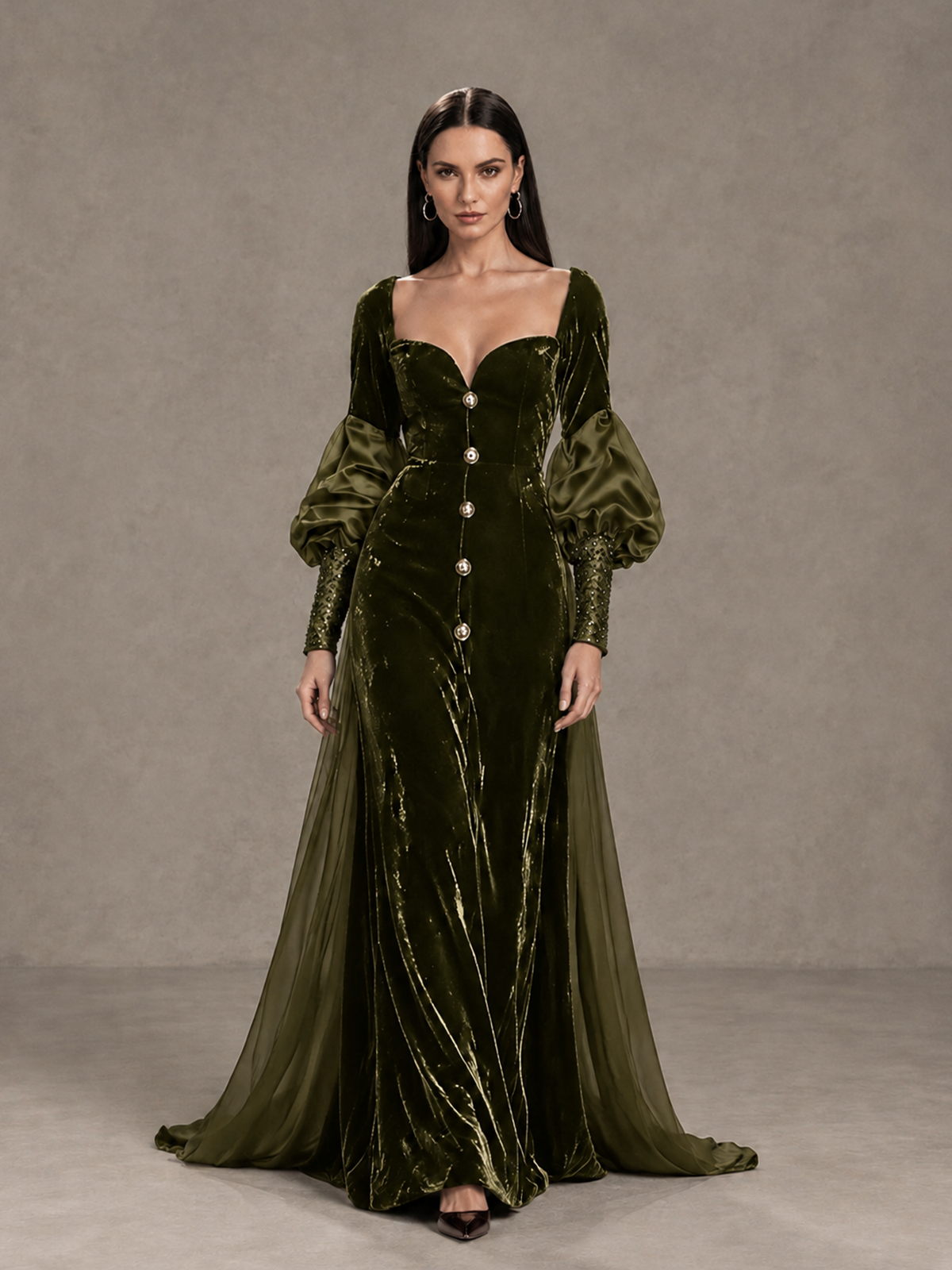 BOLODOO Olive Green Velvet Long Sleeve Open-Back Evening Gown - Olive Green - Olive Green_1