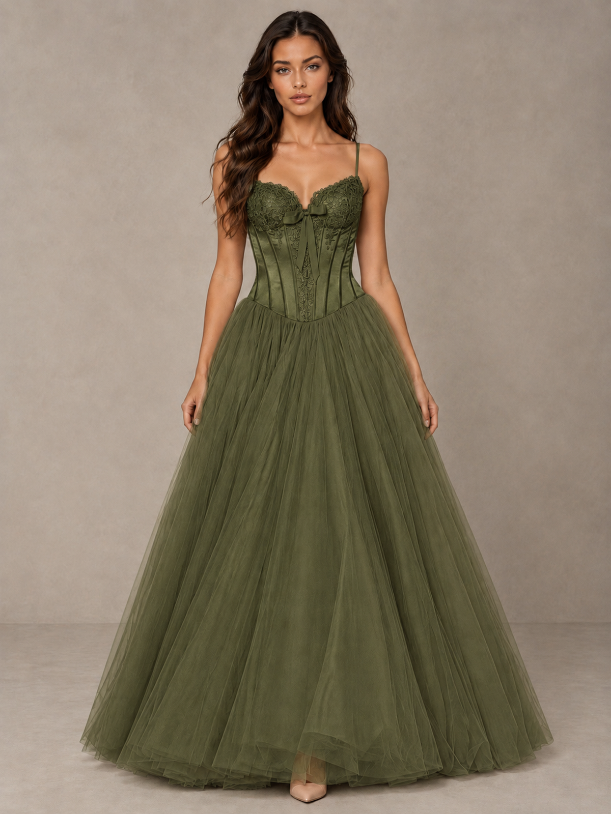 BOLODOO Olive Green Corset Tulle Prom Dress with Spaghetti Straps - Olive Green - Olive_Green_1
