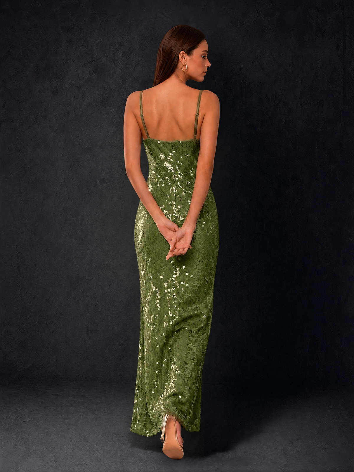 BOLODOO Bronze Sequin Cowl Neck Spaghetti Strap Mermaid Maxi Dress with Open Criss-Cross Back - Olive Green - Olive Green