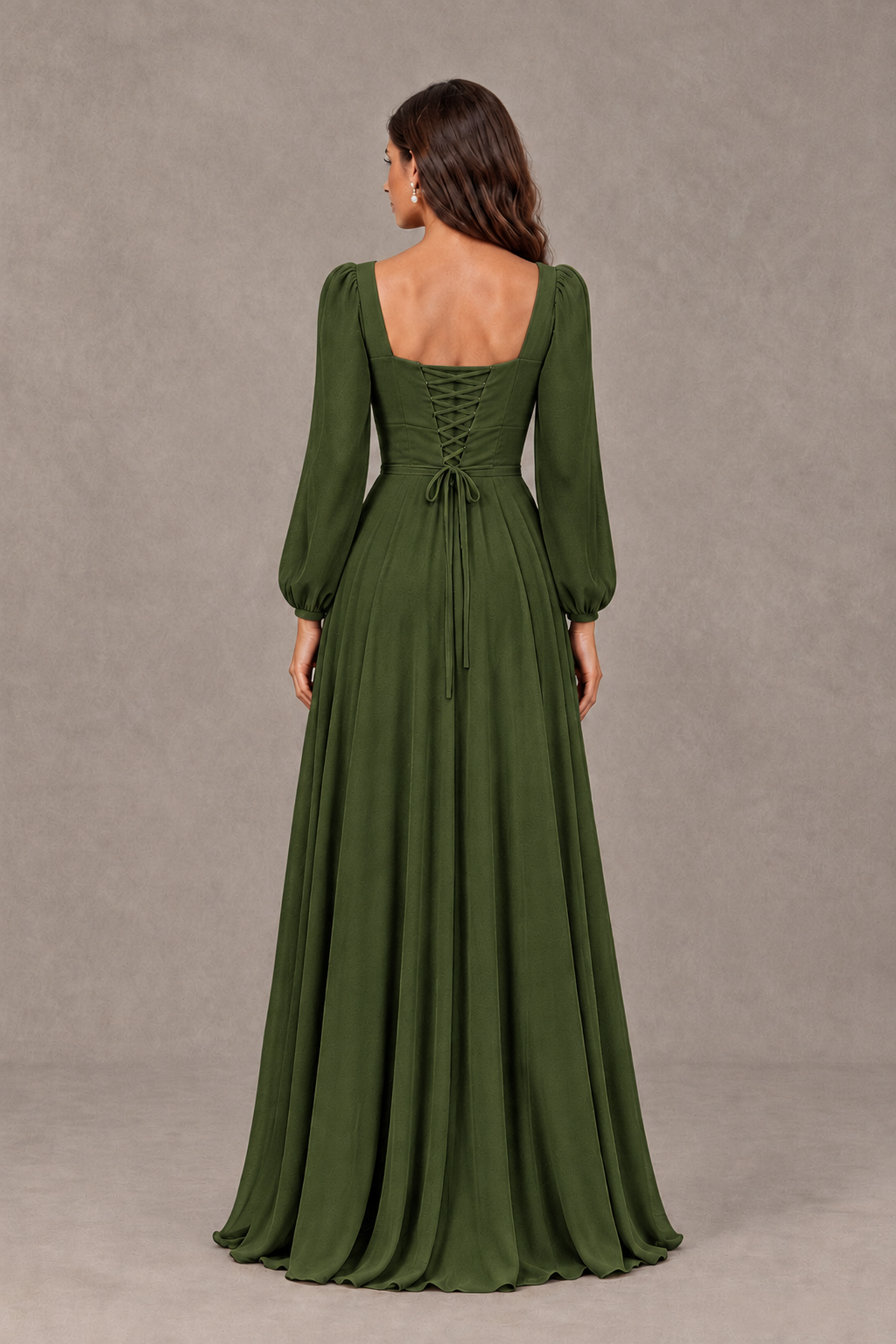 BOLODOO Olive Green Square Neck Long Sleeve A-Line Bridesmaid Dress - Olive Green - Olive Green_2