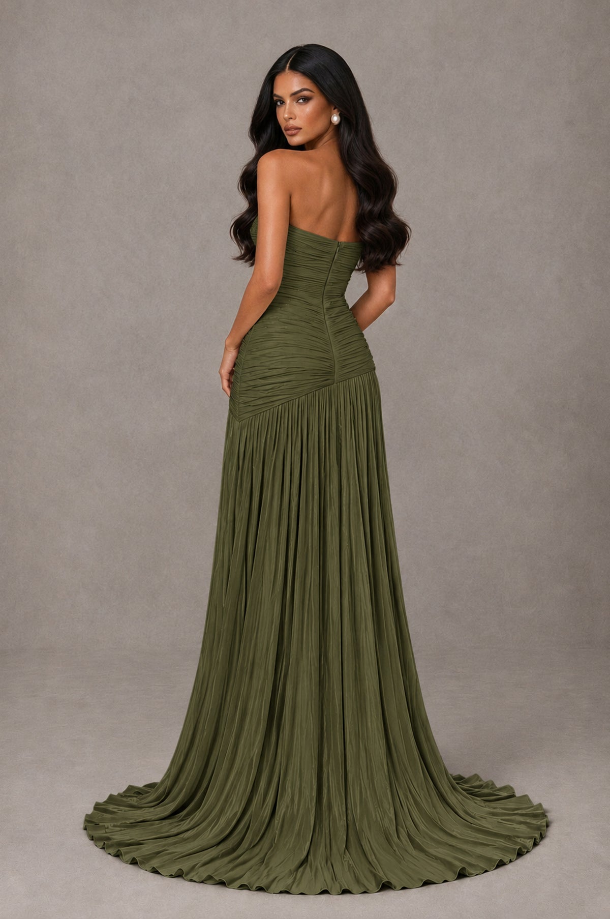 BOLODOO Olive Green Metallic Ruched Strapless Pleated A-Line Backless Maxi Dress with Train - Olive Green - Olive Green_2
