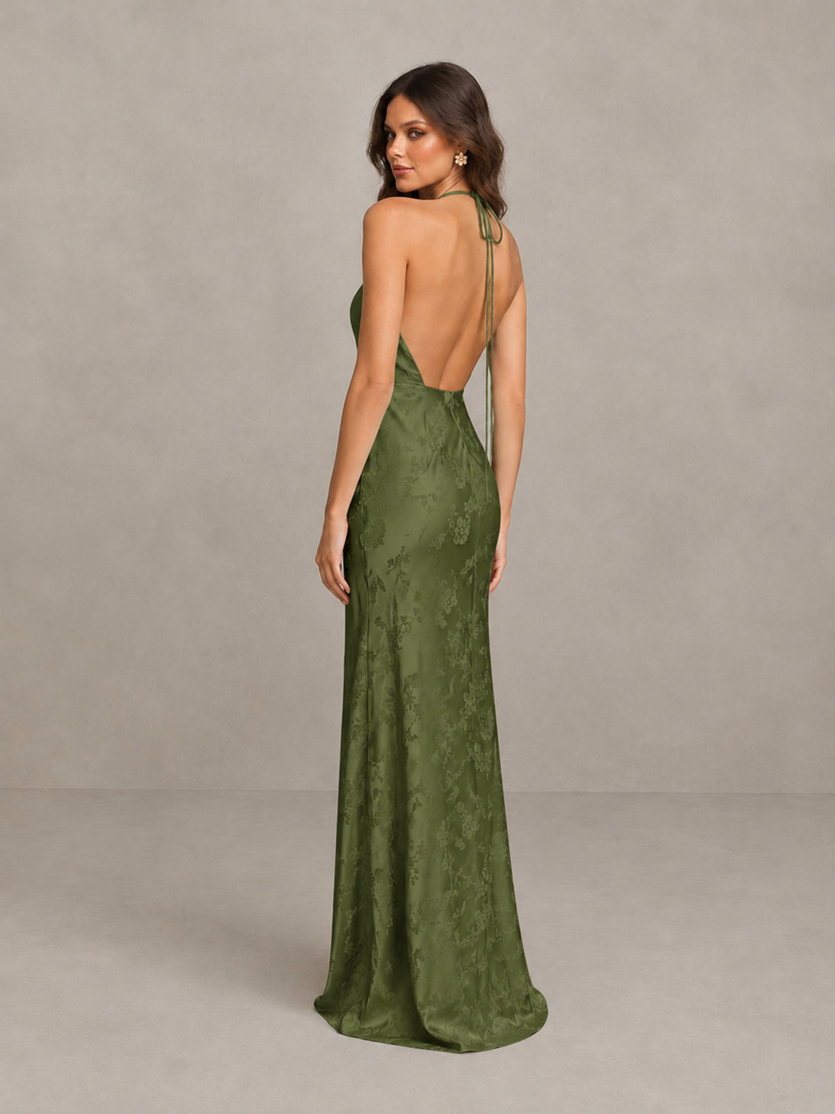 BOLODOO Olive Green Floral Satin Open-Back Bridesmaid Dress - Olive Green - Olive Green_2