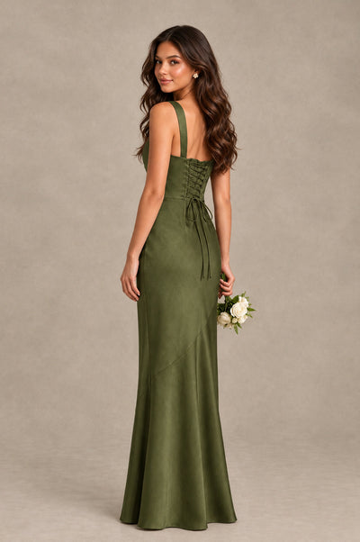 BOLODOO Olive Green Square Neck Ruched Satin Lace-Up Bridesmaid Dress - Olive Green - Olive Green_2