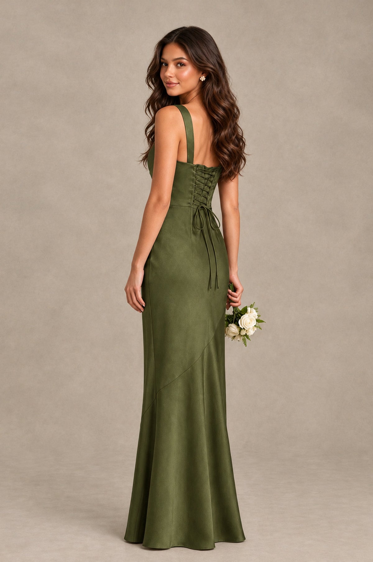 BOLODOO Olive Green Square Neck Ruched Satin Lace-Up Bridesmaid Dress - Olive Green - Olive Green_2