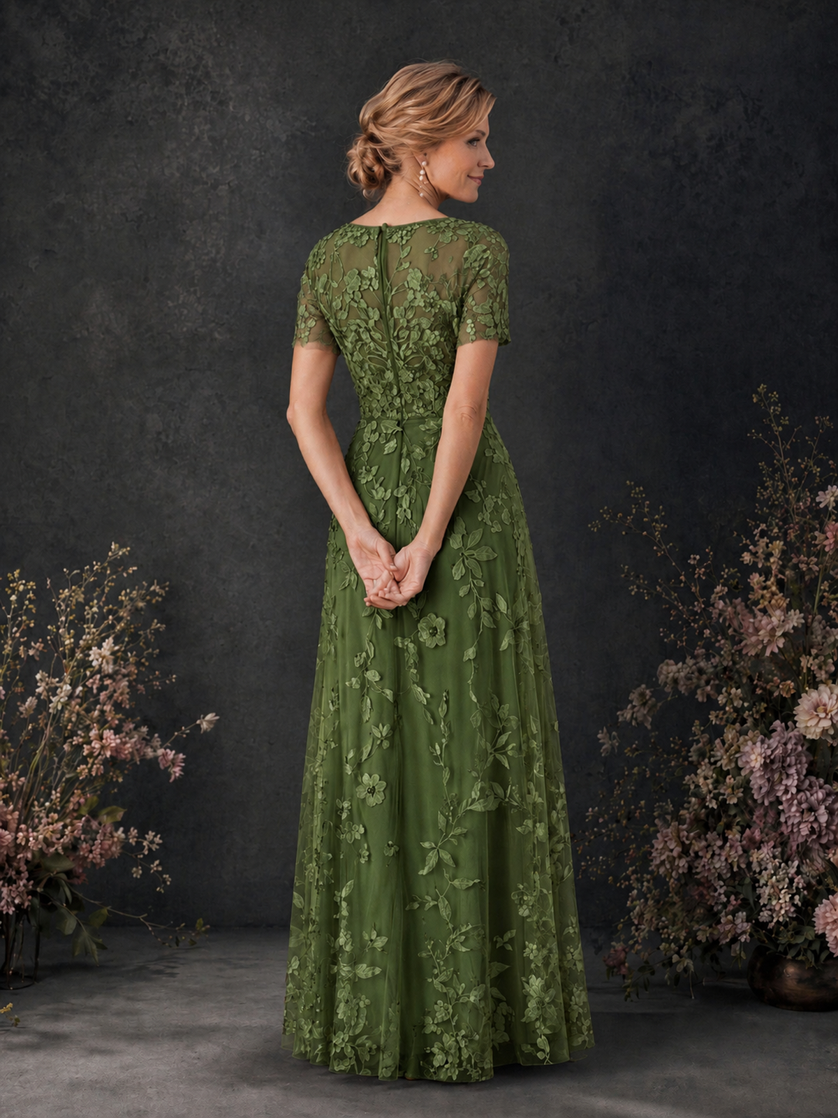 BOLODOO Olive Green 3D Floral Embroidered Lace V-Neck Short Sleeve A-Line Maxi Dress - Olive Green