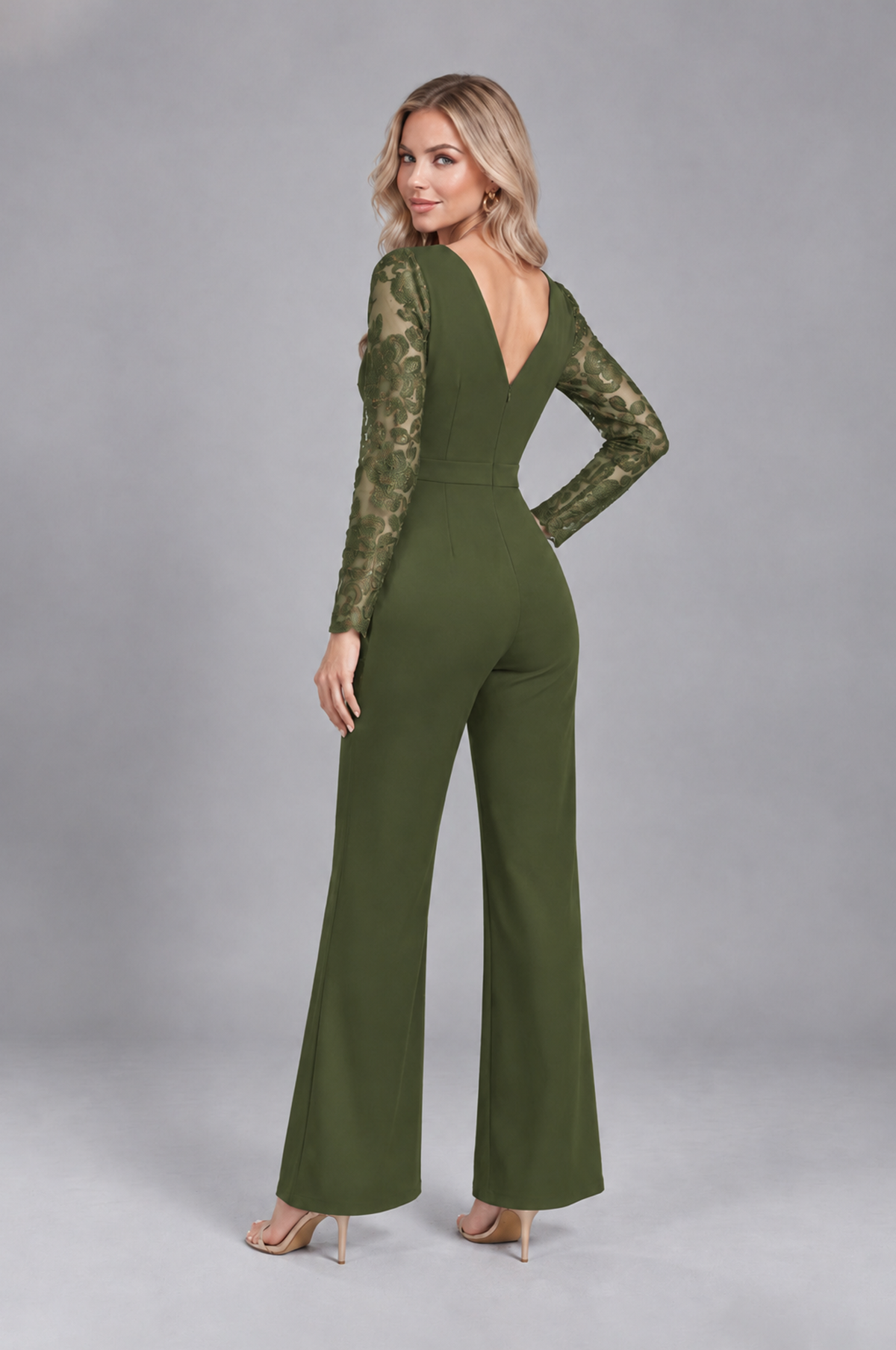 BOLODOO Olive Green Lace Long-Sleeve V-Neck Mother Pant Suit - Olive Green - Olive Green_2