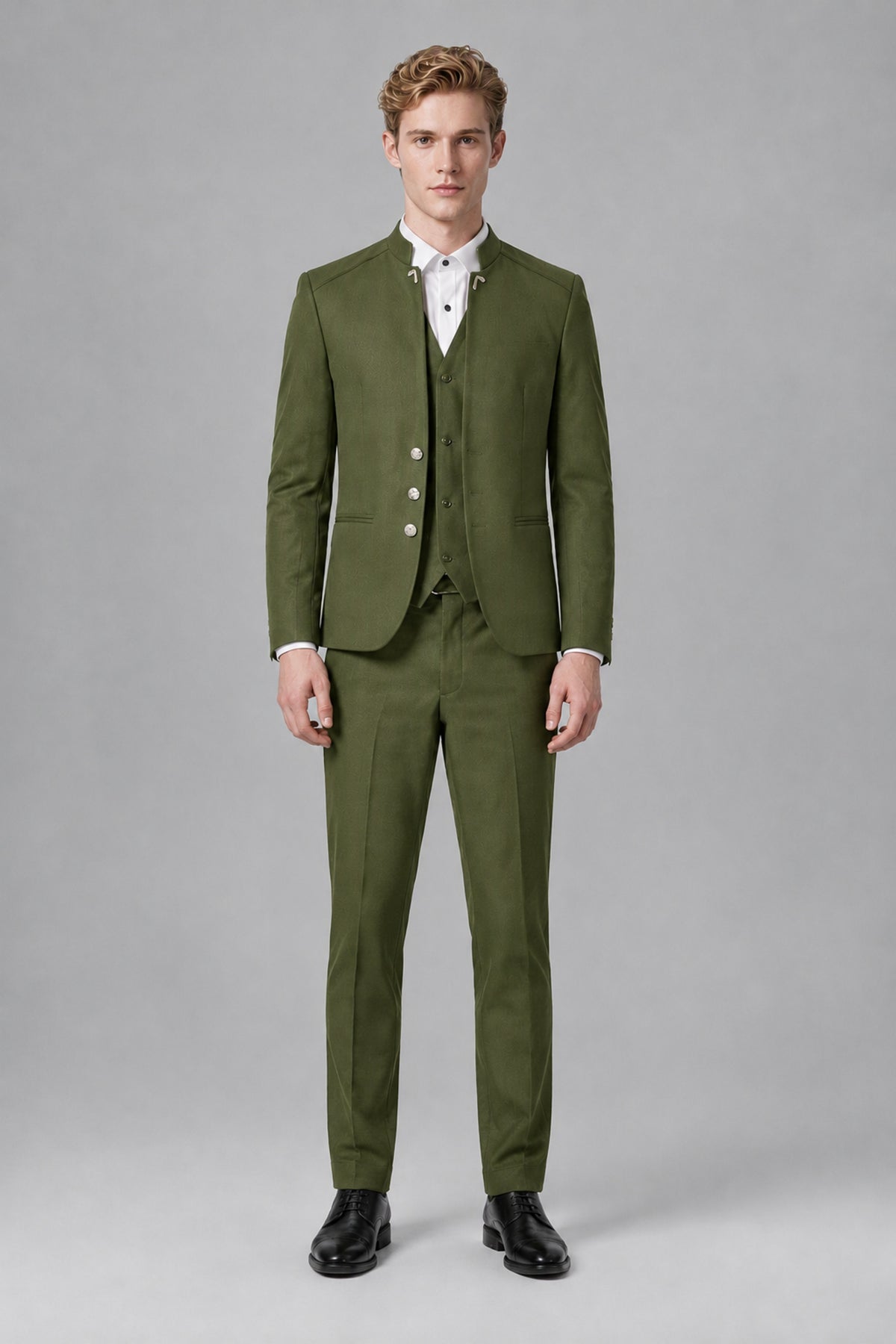 Bolodoo Men's Olive Green Mandarin Collar 3-Piece Suit – Jacket, Vest & Trousers - Olive Green - Olive Green_2