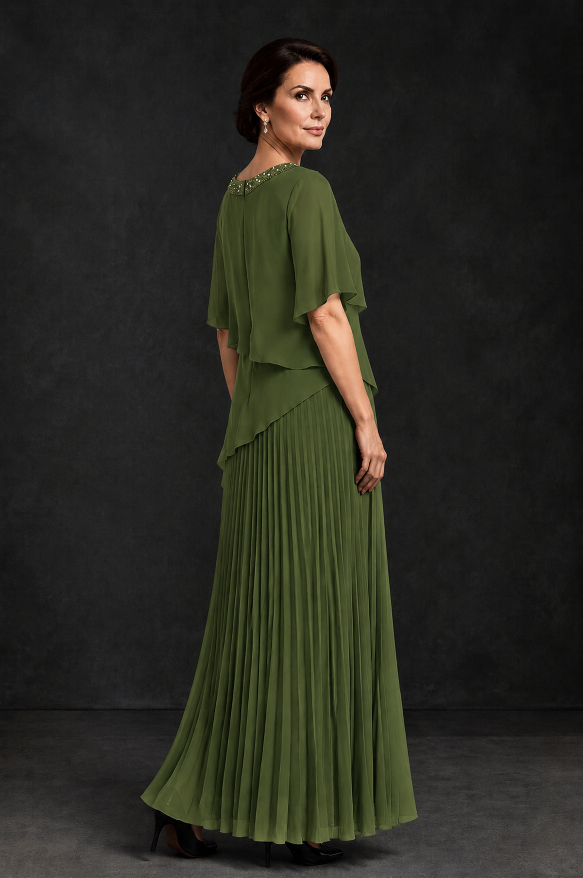 BOLODOO Olive Green Pearl Beaded Neck Asymmetric Tiered Flutter Sleeve Pleated Chiffon Maxi Dress - Olive Green - Olive_Green_2