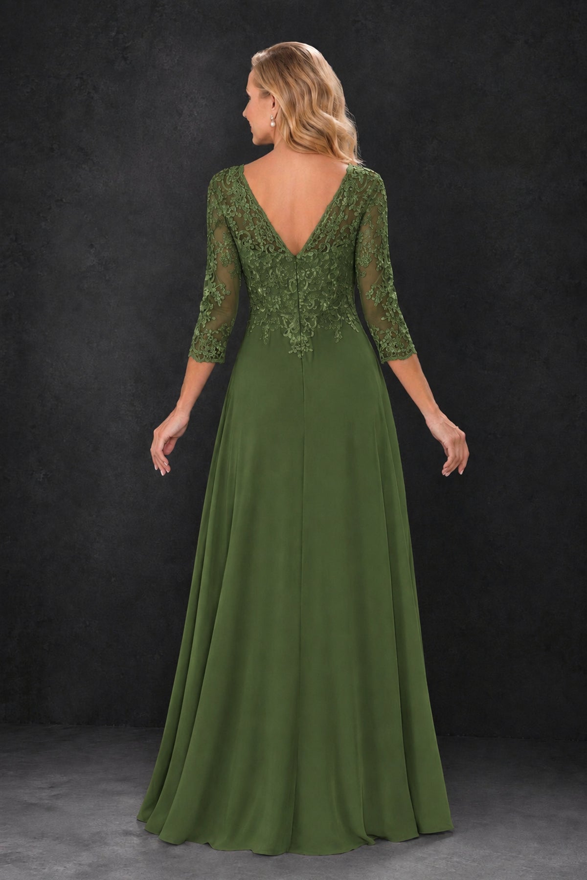 BOLODOO Olive Green Lace Embroidered Mother of the Bride Dress with 3/4 Sleeves - Olive Green