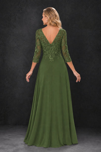 BOLODOO Olive Green Lace Embroidered Mother of the Bride Dress with 3/4 Sleeves - Olive Green