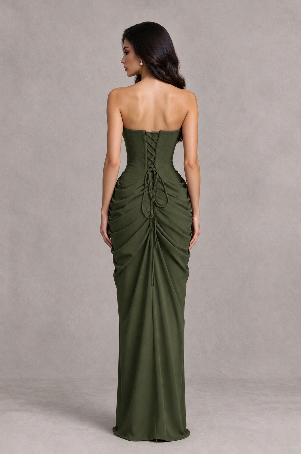 BOLODOO Olive Green Strapless Ruched Corset Evening Gown - Olive Green - Olive Green_2
