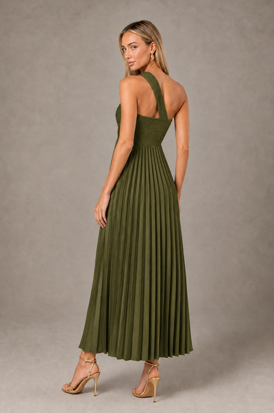 BOLODOO Olive Green One-Shoulder Twist Knot Pleated Satin Midi Dress with Cutout - Olive Green - Olive_Green_2