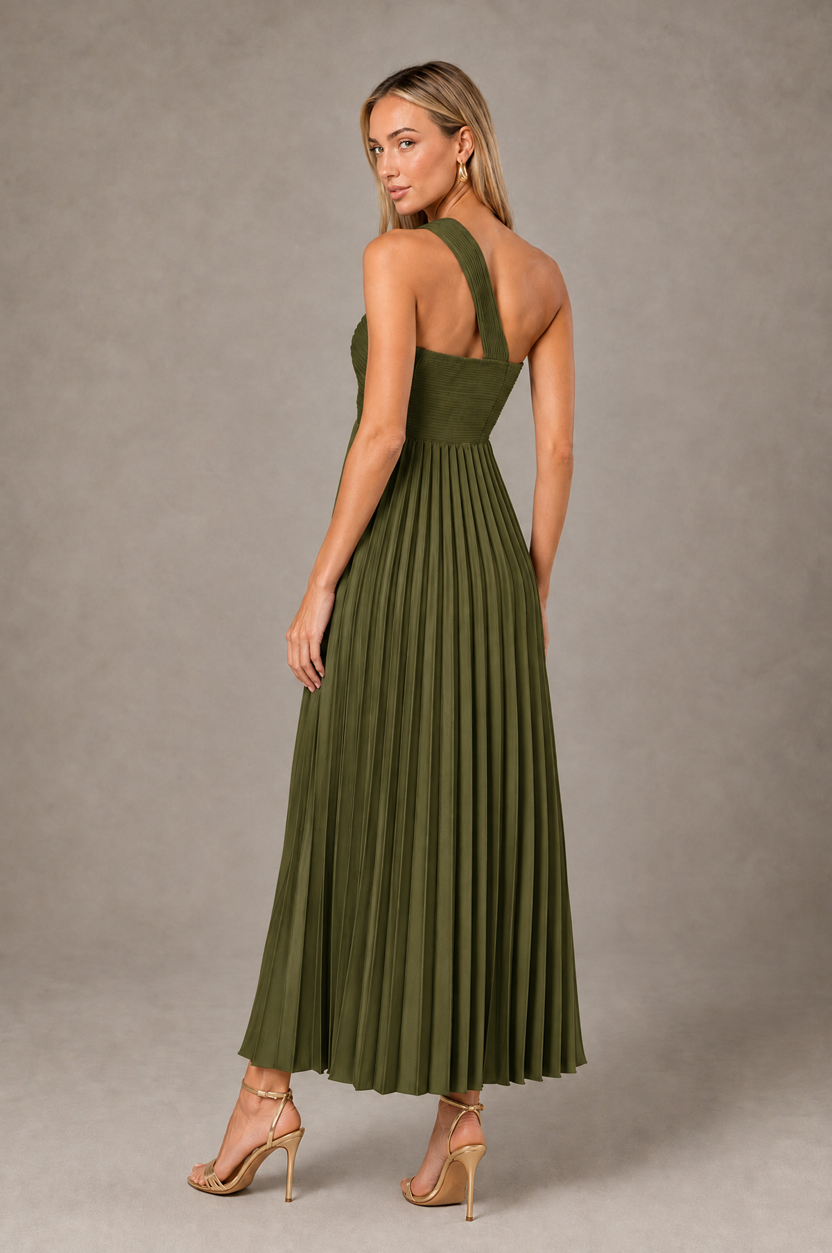 BOLODOO Olive Green One-Shoulder Twist Knot Pleated Satin Midi Dress with Cutout - Olive Green - Olive_Green_2