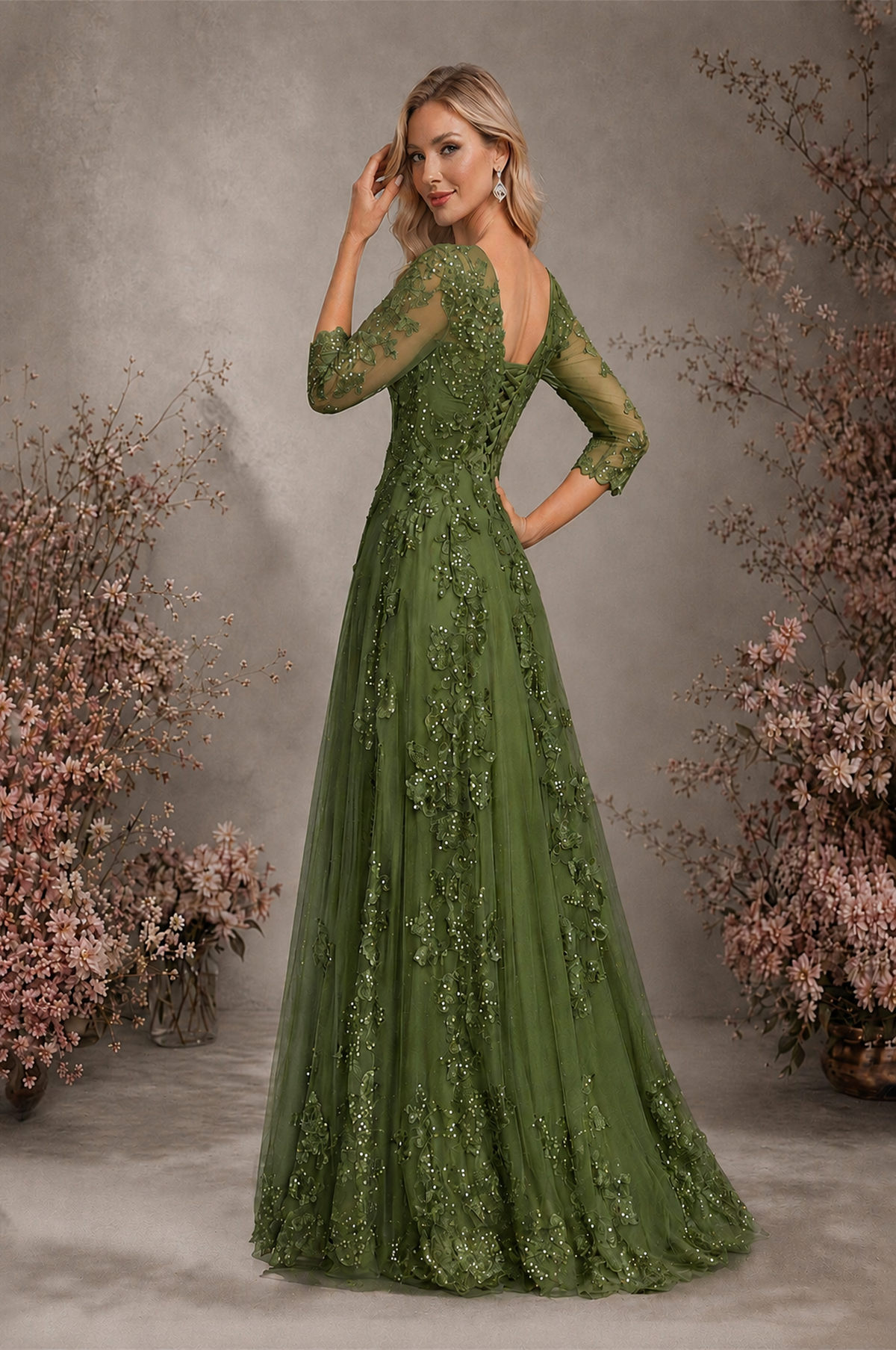 BOLODOO Olive Green Sequin Lace 3/4 Sleeve Open Back Formal Evening Gown - Olive Green