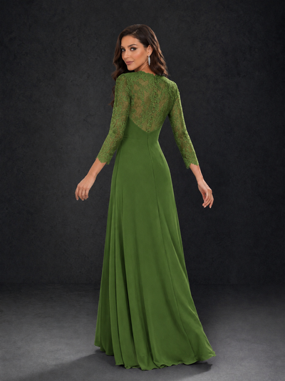 BOLODOO Olive Green Lace Sleeve V-Neck Floral Waist Chiffon A-Line Maxi Dress - Olive Green