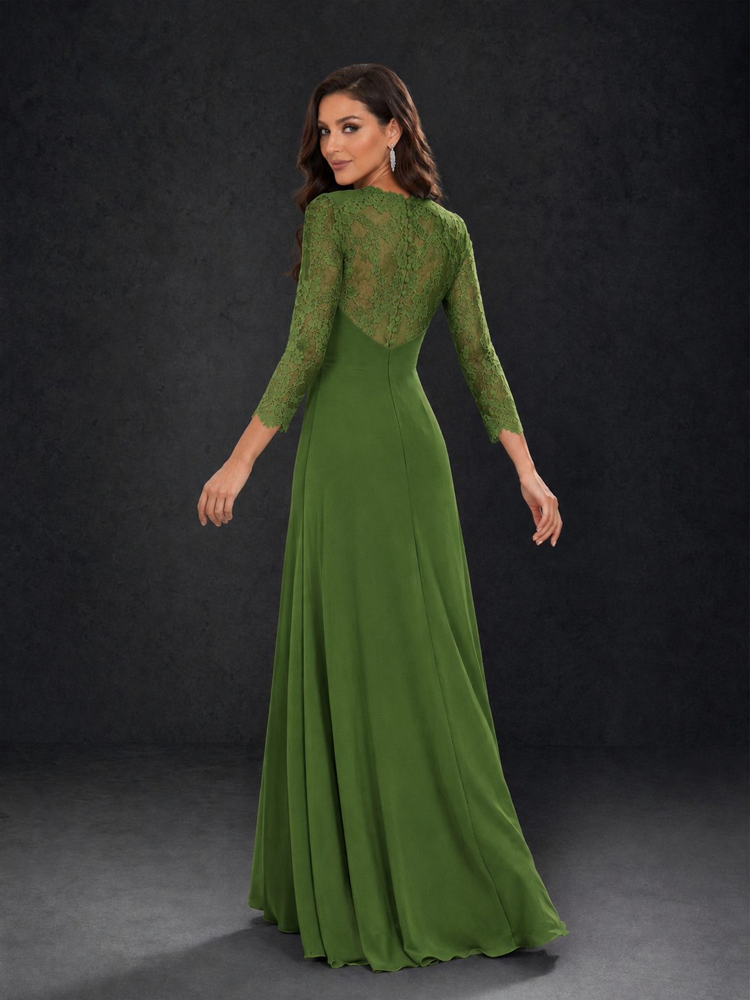BOLODOO Olive Green Lace Sleeve V-Neck Floral Waist Chiffon A-Line Maxi Dress - Olive Green