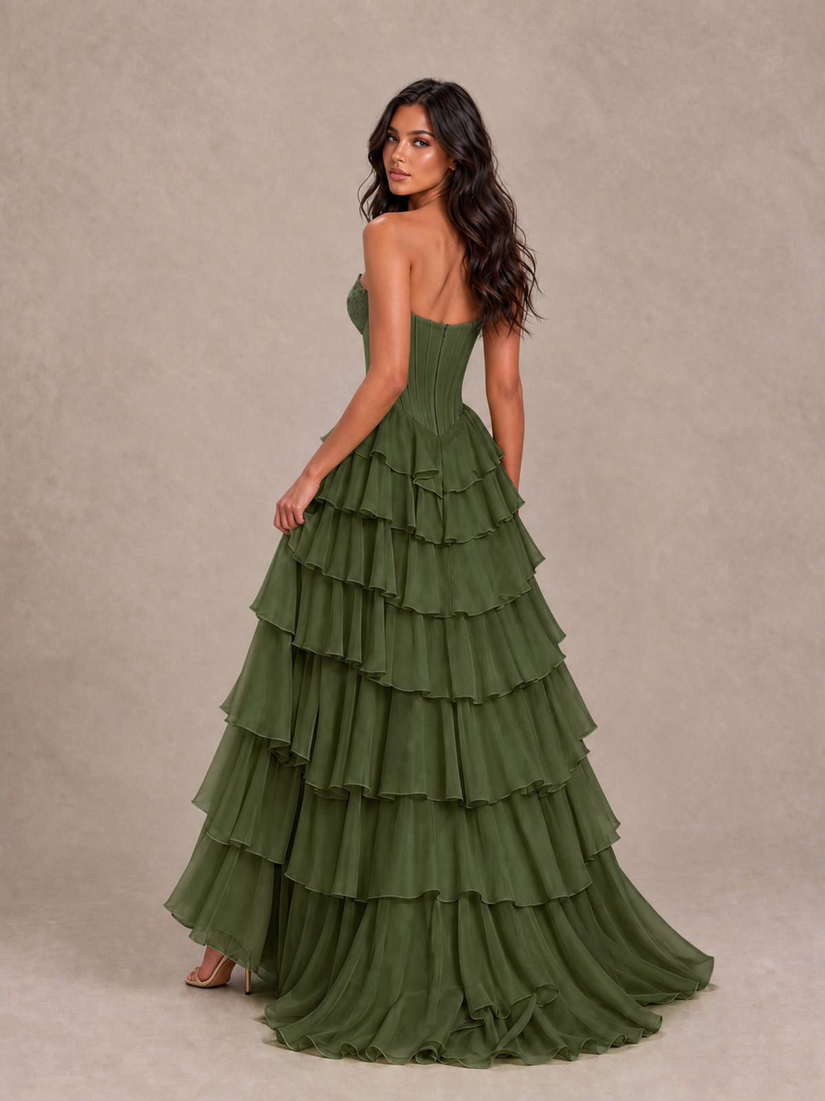 BOLODOO Olive Green Strapless Corset Tiered Ruffle Prom Dress with High Slit - Olive Green - Olive Green_2