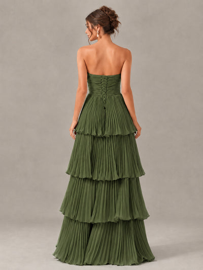 BOLODOO Olive Green Strapless Tiered Pleated Bridesmaid Dress - Olive Green - Olive Green_2