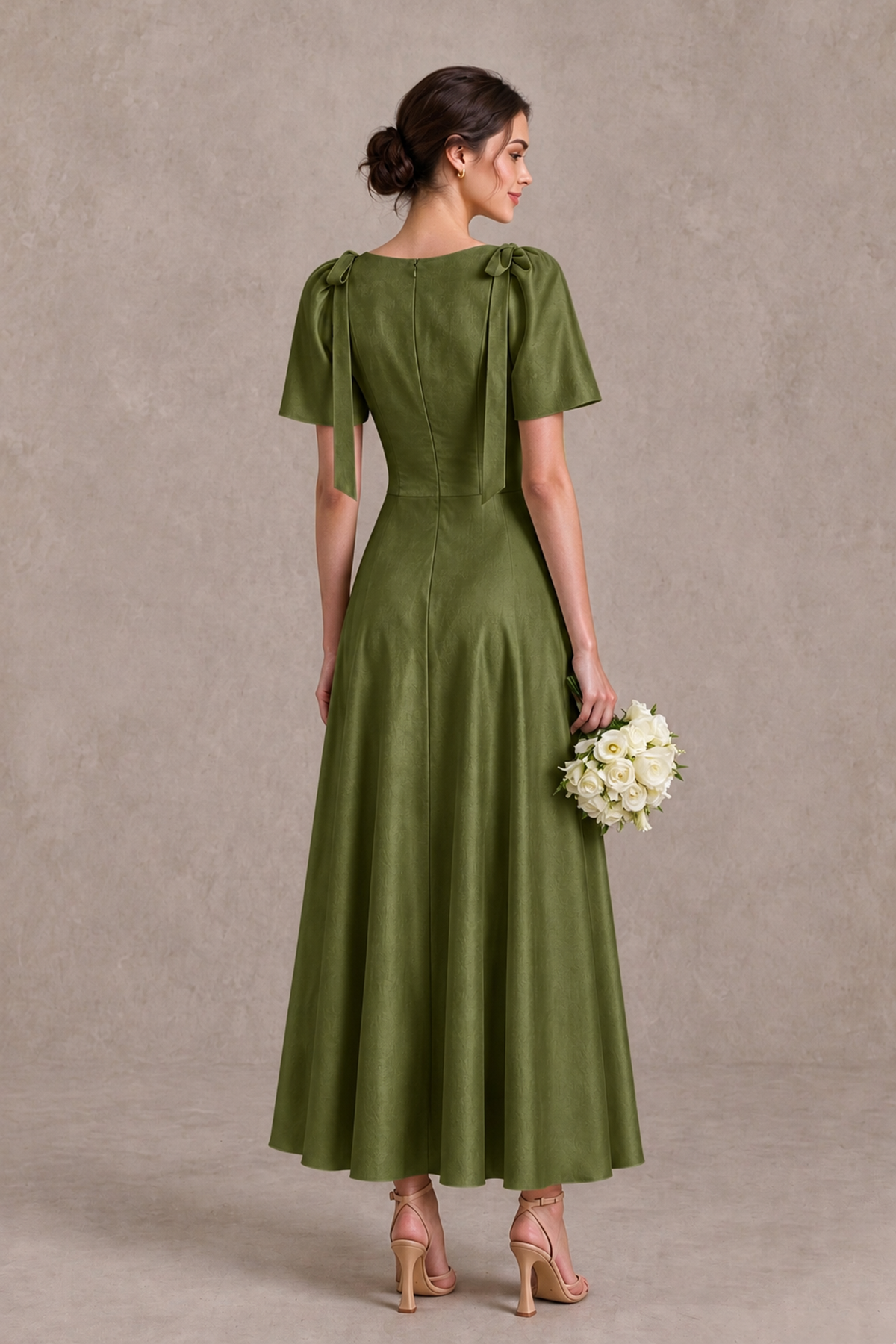 BOLODOO Olive Green V-Neck Short Sleeve Satin-Look Bridesmaid Dress with Shoulder Bows - Olive Green - Olive Green_2