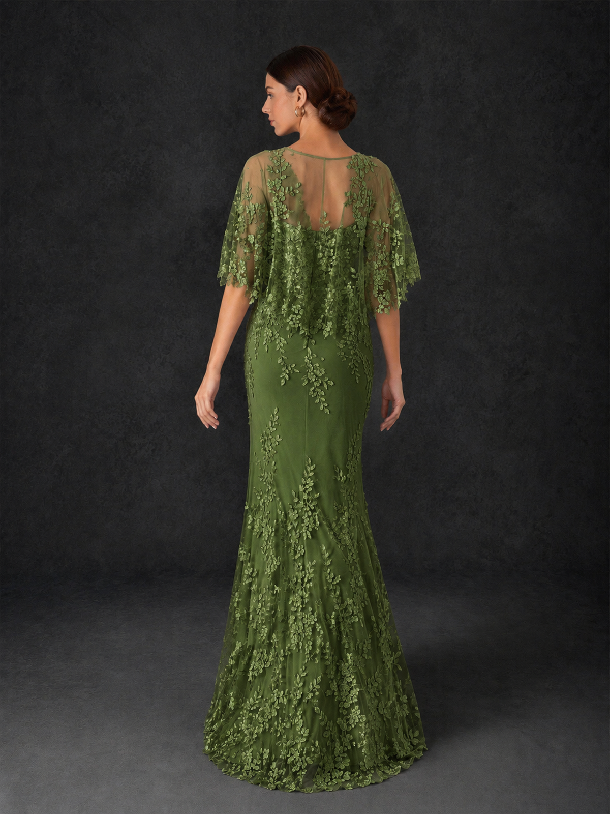 BOLODOO Mocha Olive Green Botanical Lace Flutter Sleeve Mermaid Gown - Olive Green