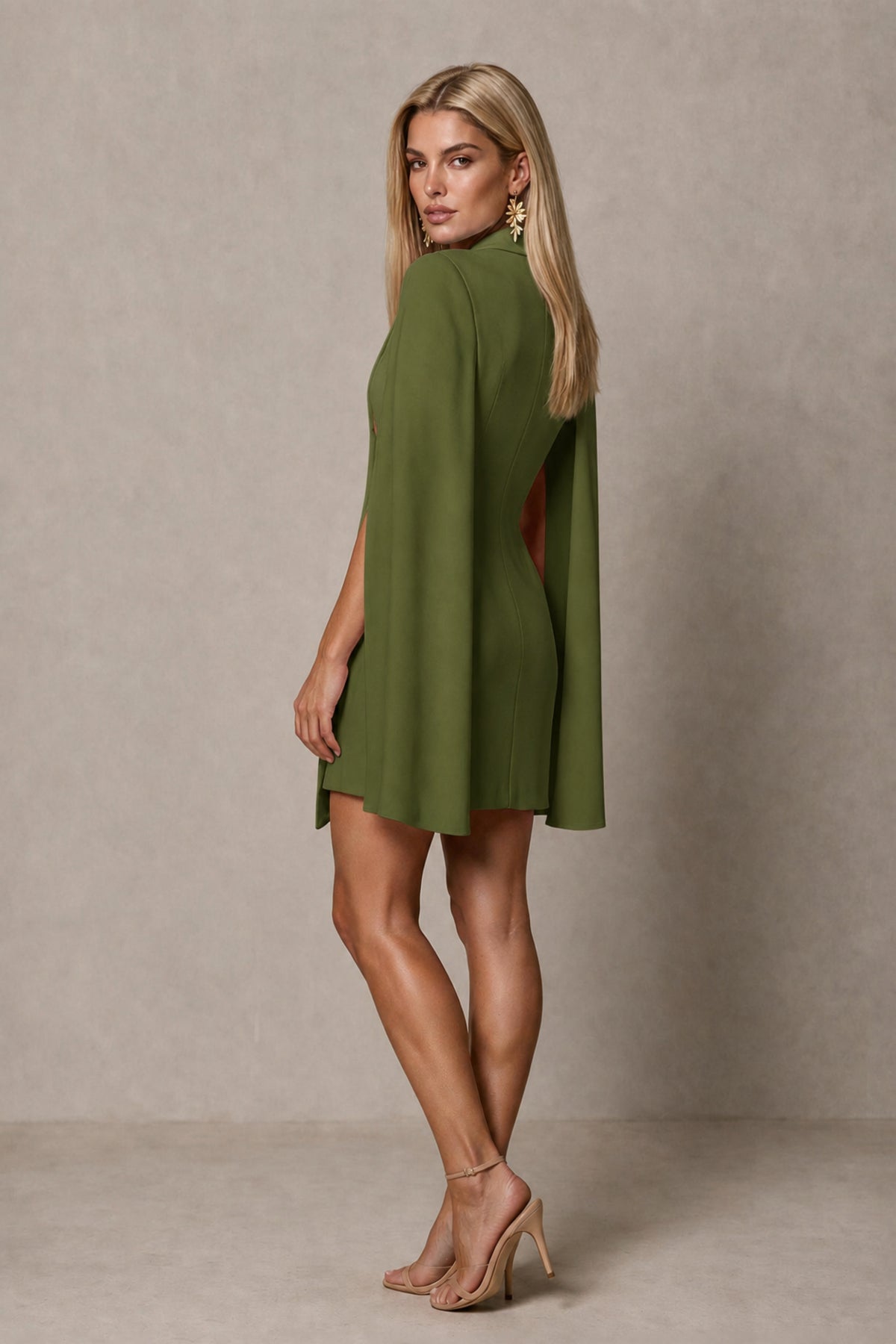 BOLODOO Olive Green Cape Sleeve Blazer Mini Dress – Deep V-Neck Open Back - Olive Green