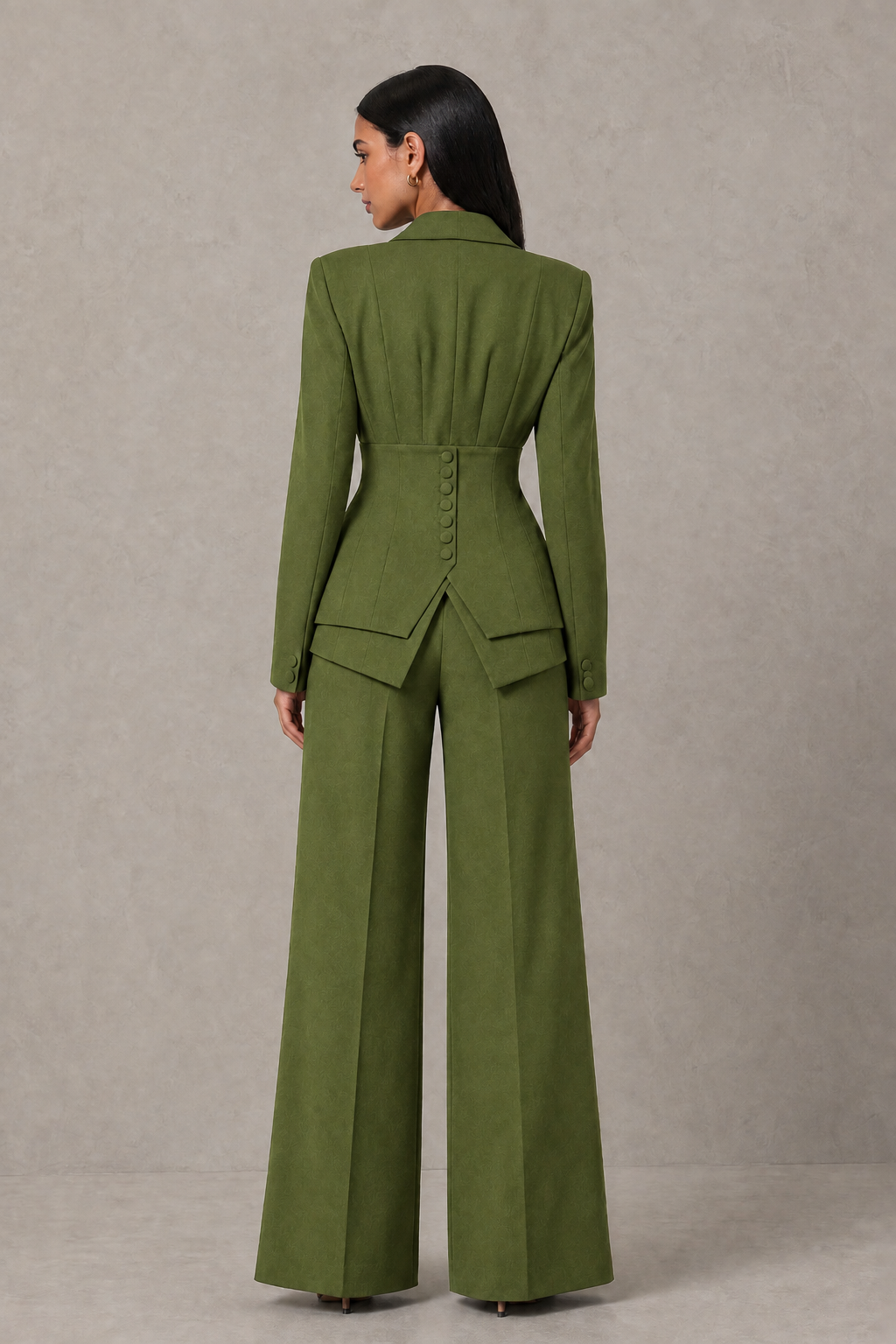 BOLODOO Olive Green Cinched Waist Blazer and Wide Leg Pants Two Piece Suit Set - Olive Green