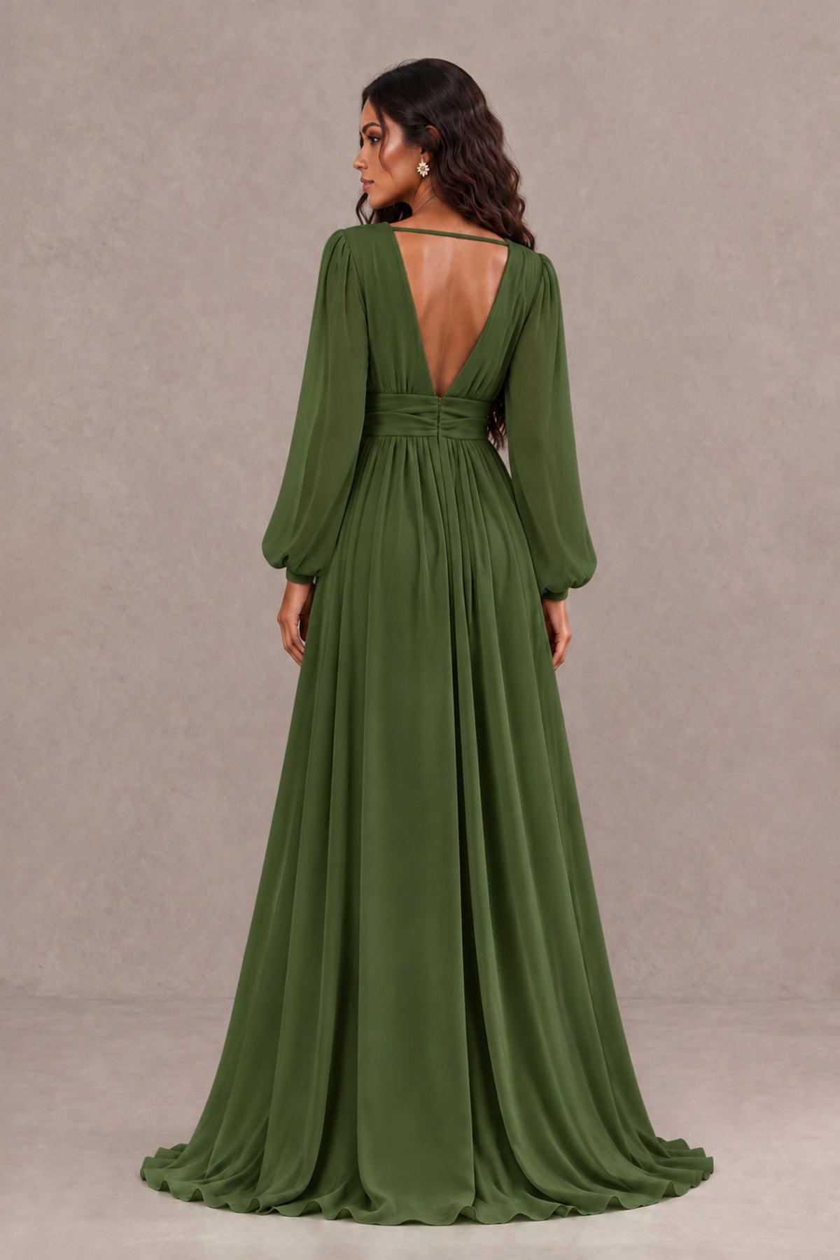 BOLODOO Olive Green Long Sleeve V-Neck A-Line Gown with Open Back & Slit - Olive Green - Olive Green_2