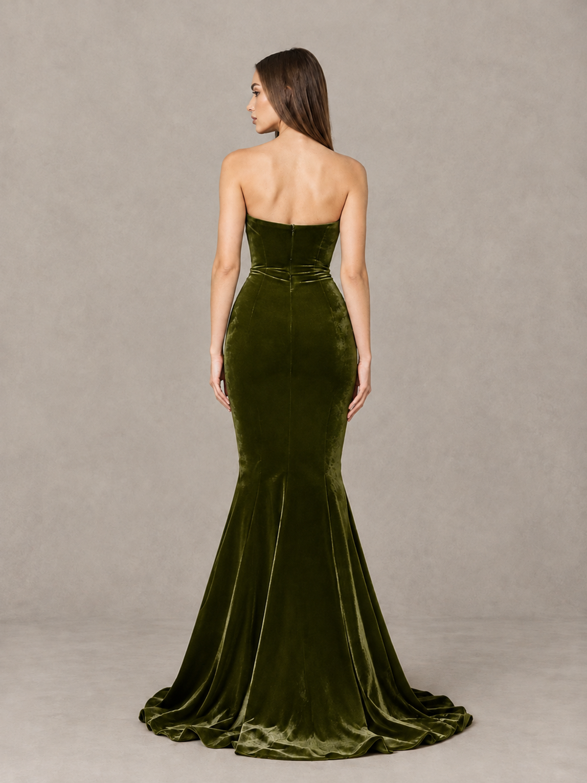 BOLODOO Olive Green Strapless Sweetheart Velvet-Look Mermaid Evening Dress - Olive Green - Olive Green_2