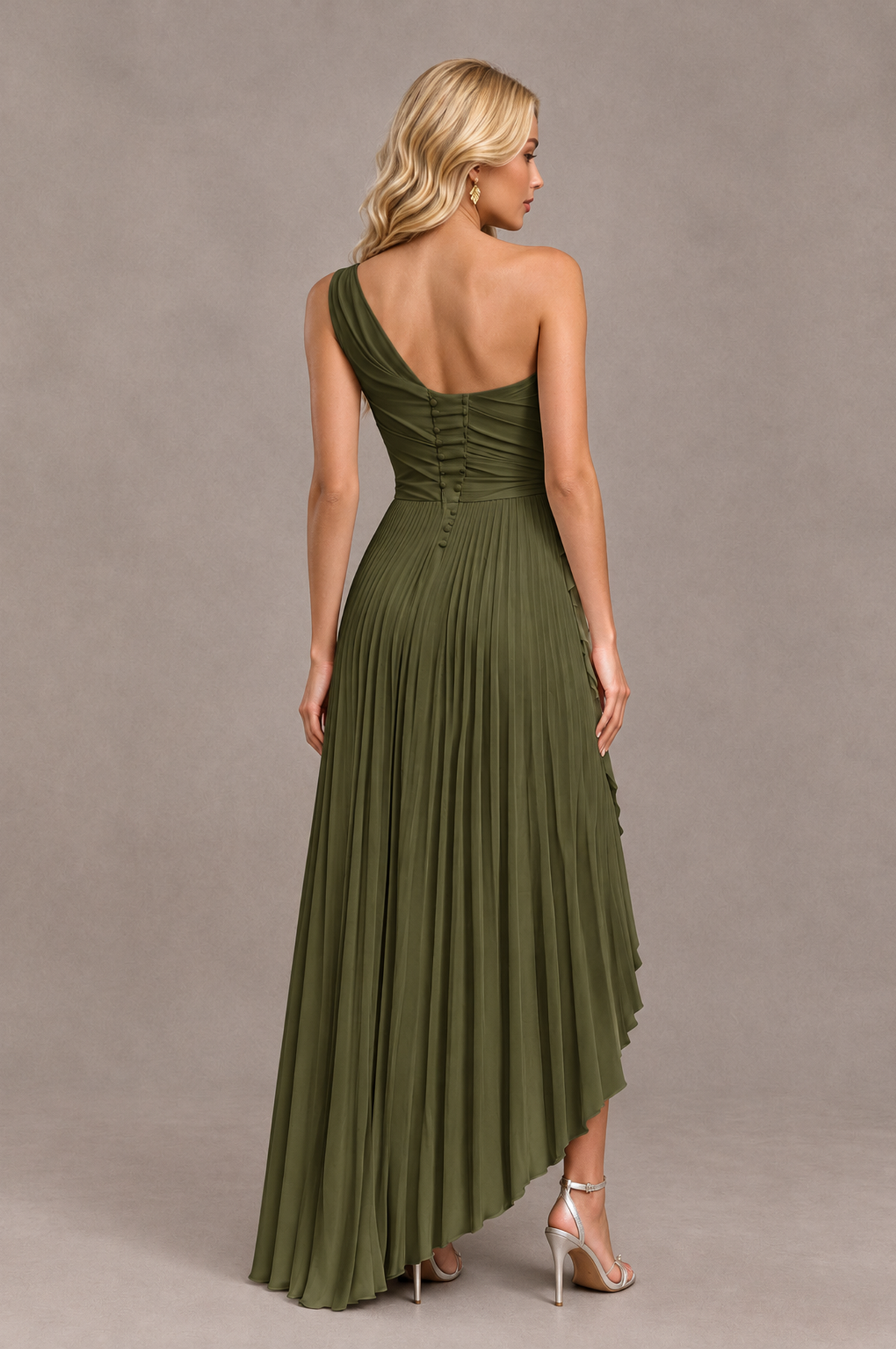 BOLODOO Olive Green One-Shoulder High-Low Ruffle Maxi Dress - Olive Green - Olive_Green_2