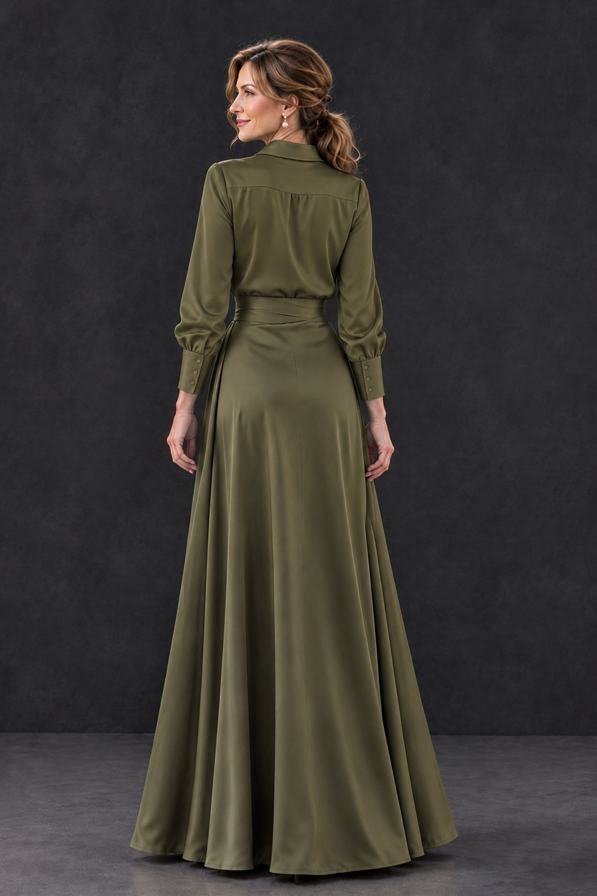 BOLODOO Olive Green Long Sleeve Satin-Look Lace Panel Gown - Olive Green - Olive Green_2