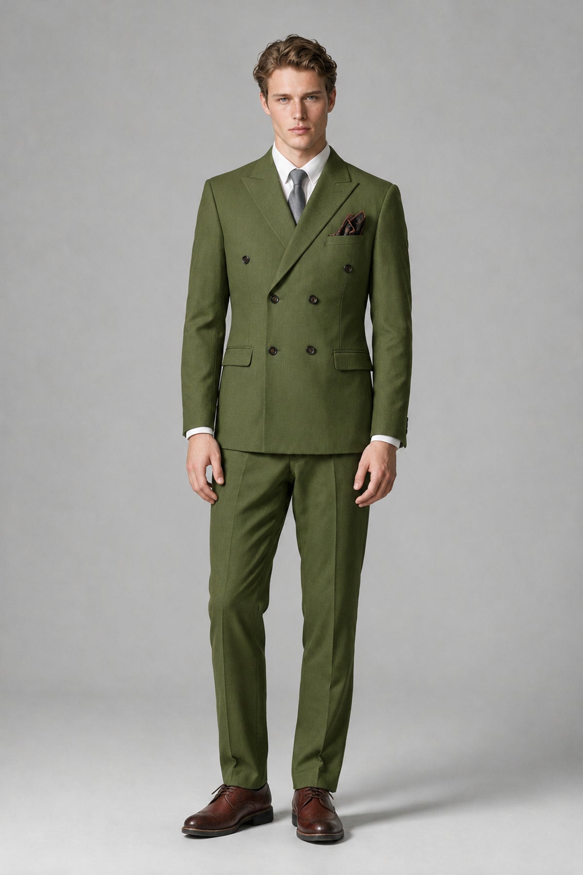 Bolodoo Men's Olive Green Double-Breasted Two-Piece Suit with Peak Lapels - Olive Green - Olive Green_2