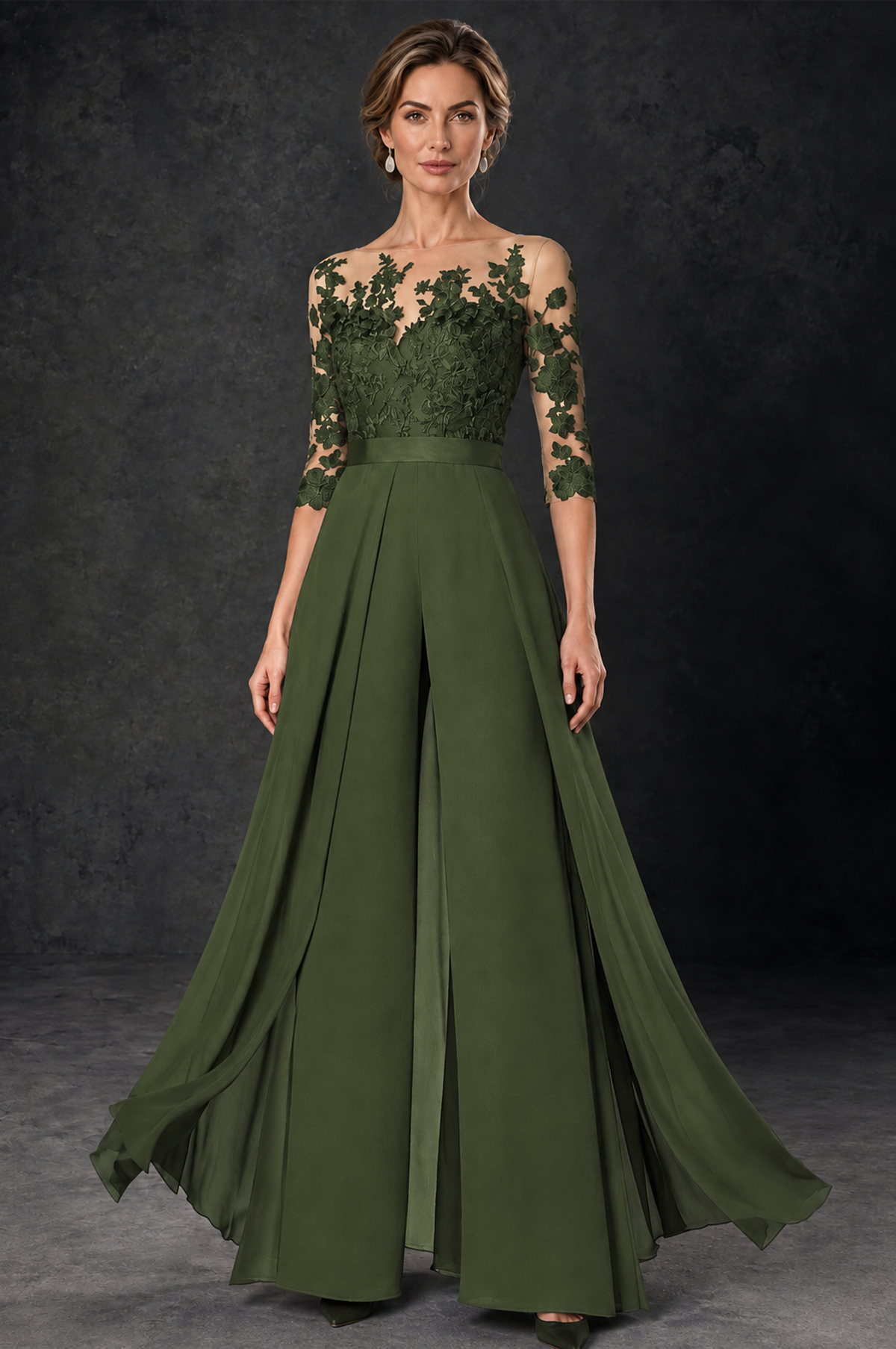 BOLODOO Olive Green Lace Wide-Leg Jumpsuit with Three-Quarter Sleeves - Olive Green - Olive_Green_2