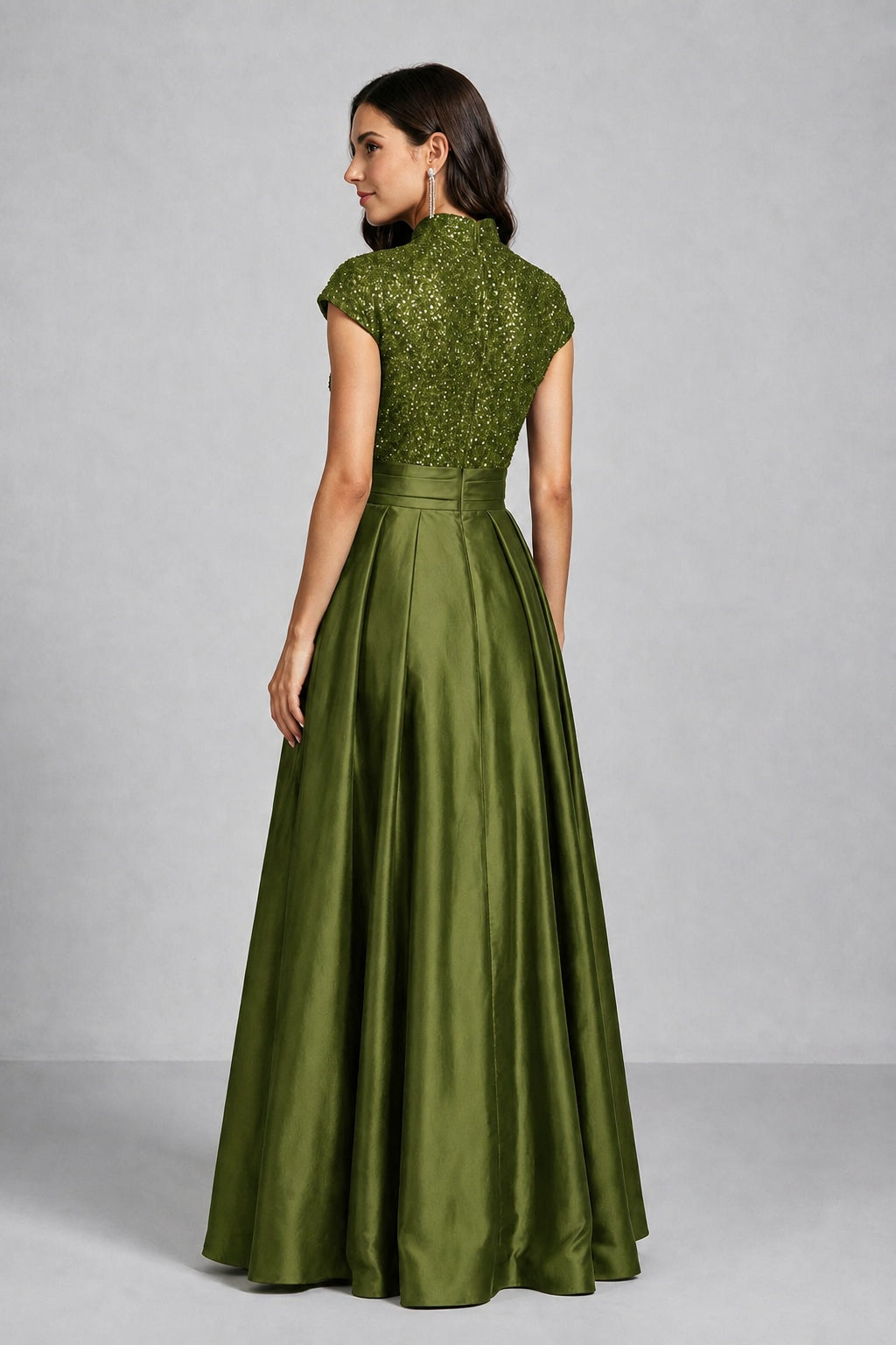 BOLODOO Olive Green Sequin Embroidered High Neck Cap Sleeve A-Line Ball Gown – Formal Evening Dress - Olive Green