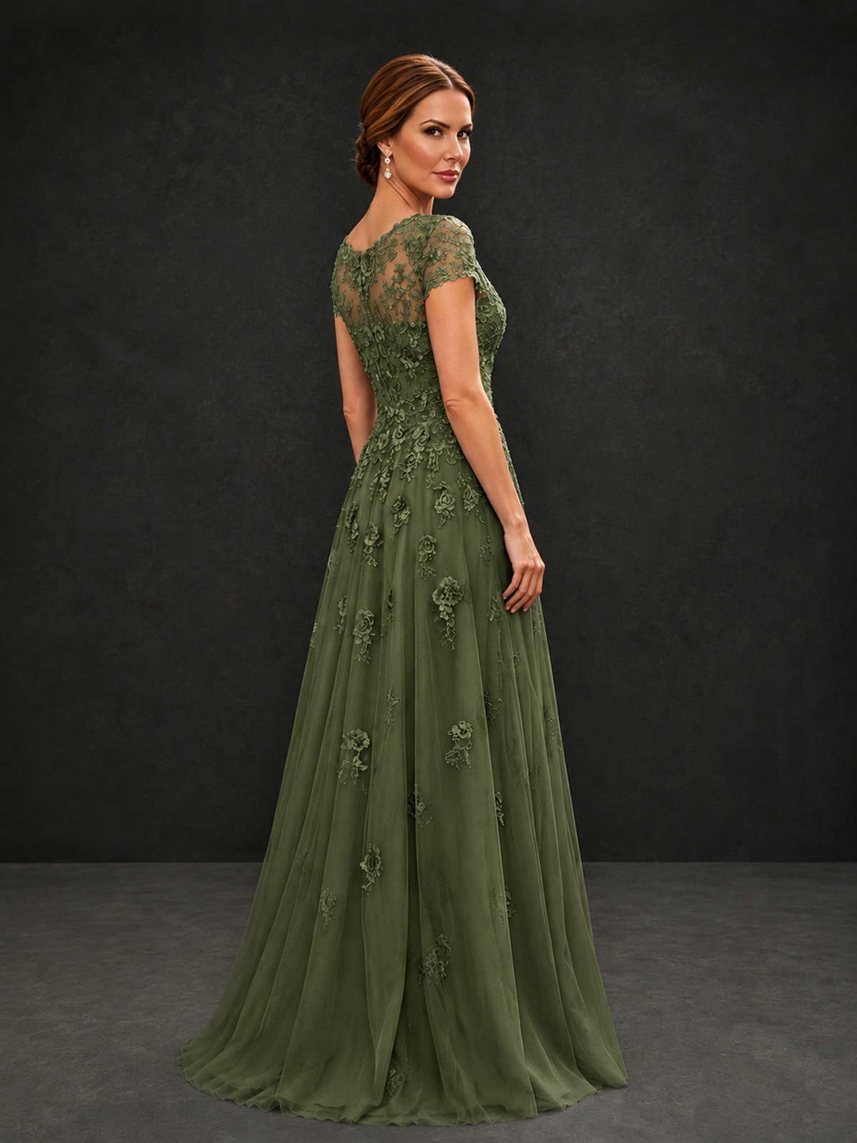 BOLODOO Olive Green Cap Sleeve Lace Appliqué A-Line Formal Gown | Mother of the Bride Dress - Olive Green - Olive Green_2