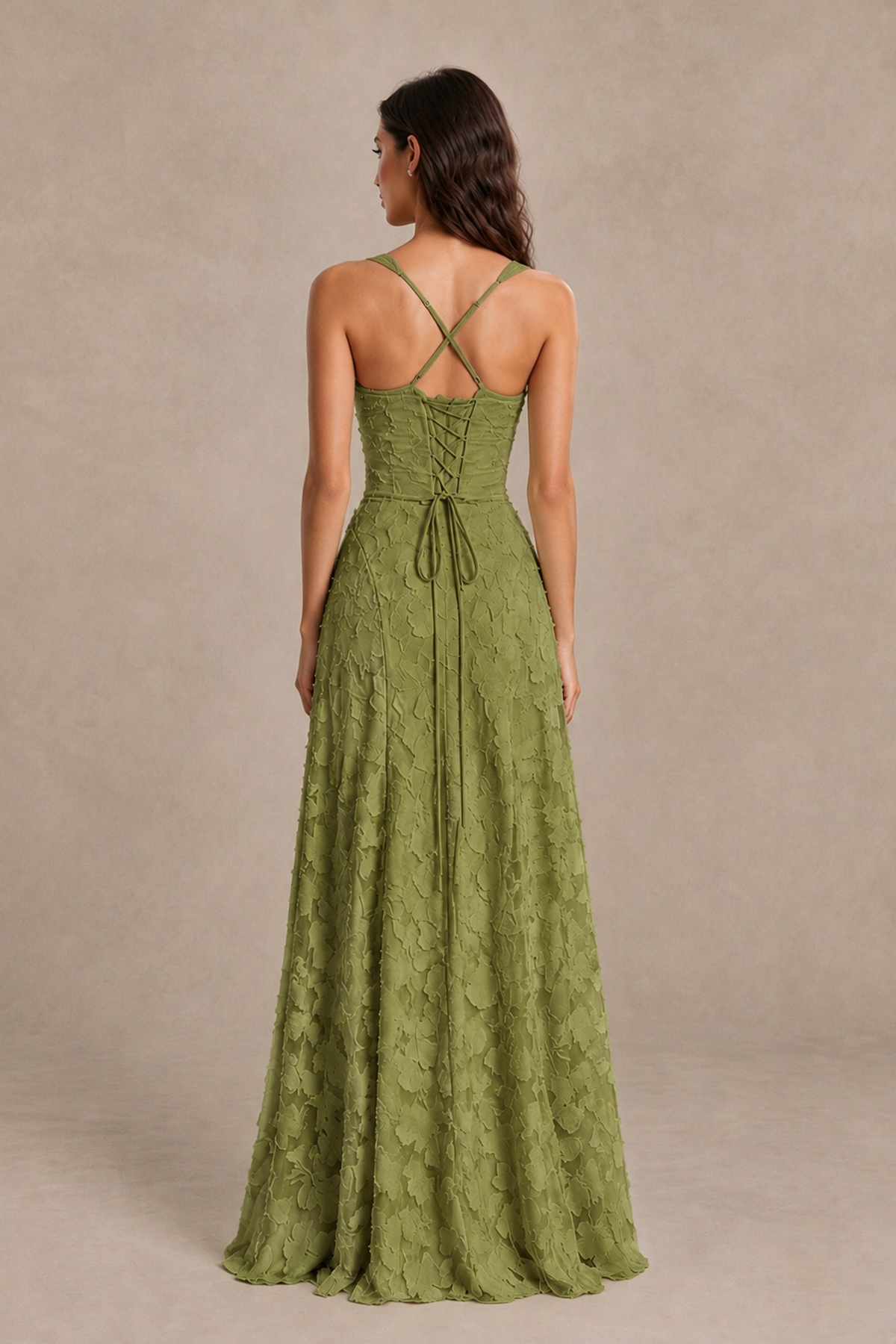 BOLODOO Olive Green Floral-Textured A-Line Dress with Lace-Up Back - Olive Green - Olive Green_2