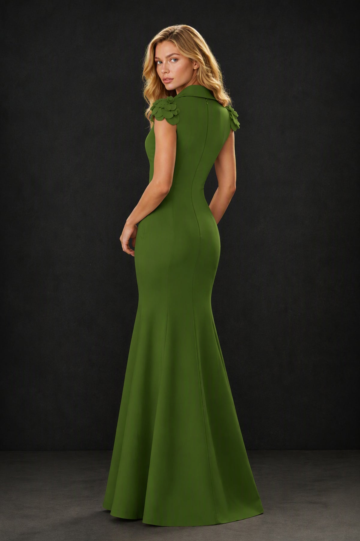 BOLODOO Olive Green 3D Floral Appliqué Deep V-Neck Cap Sleeve Mermaid Gown - Olive Green