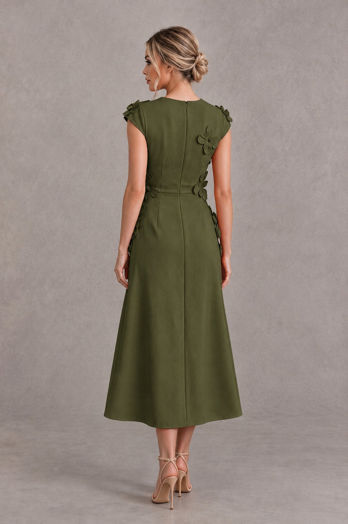 BOLODOO Olive Green 3D Floral Cap Sleeve Midi Cocktail Dress - Olive Green - Olive Green_2