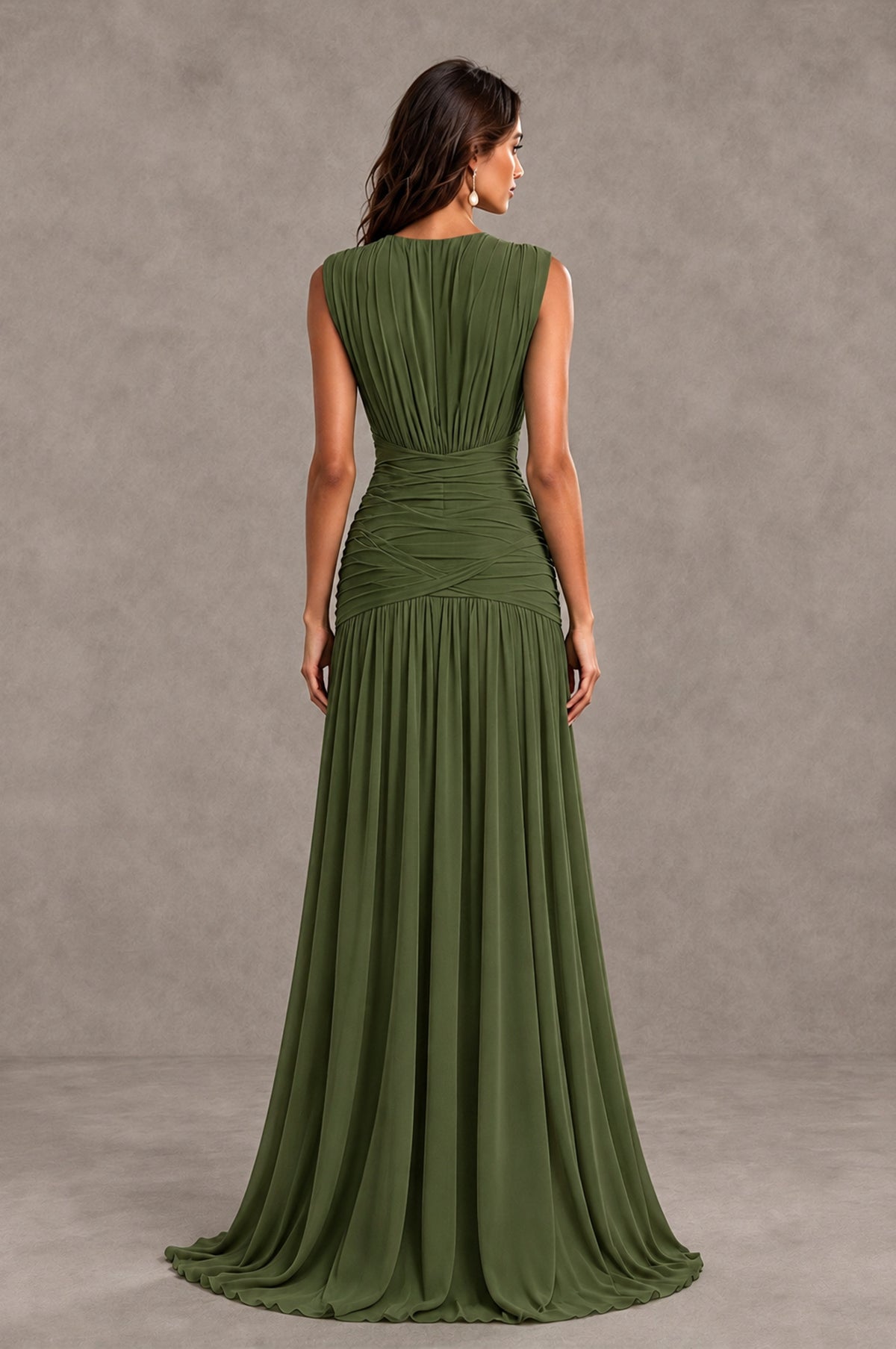 BOLODOO Olive Green V-Neck Ruched Wedding Guest Dress - Olive Green - Olive Green_2