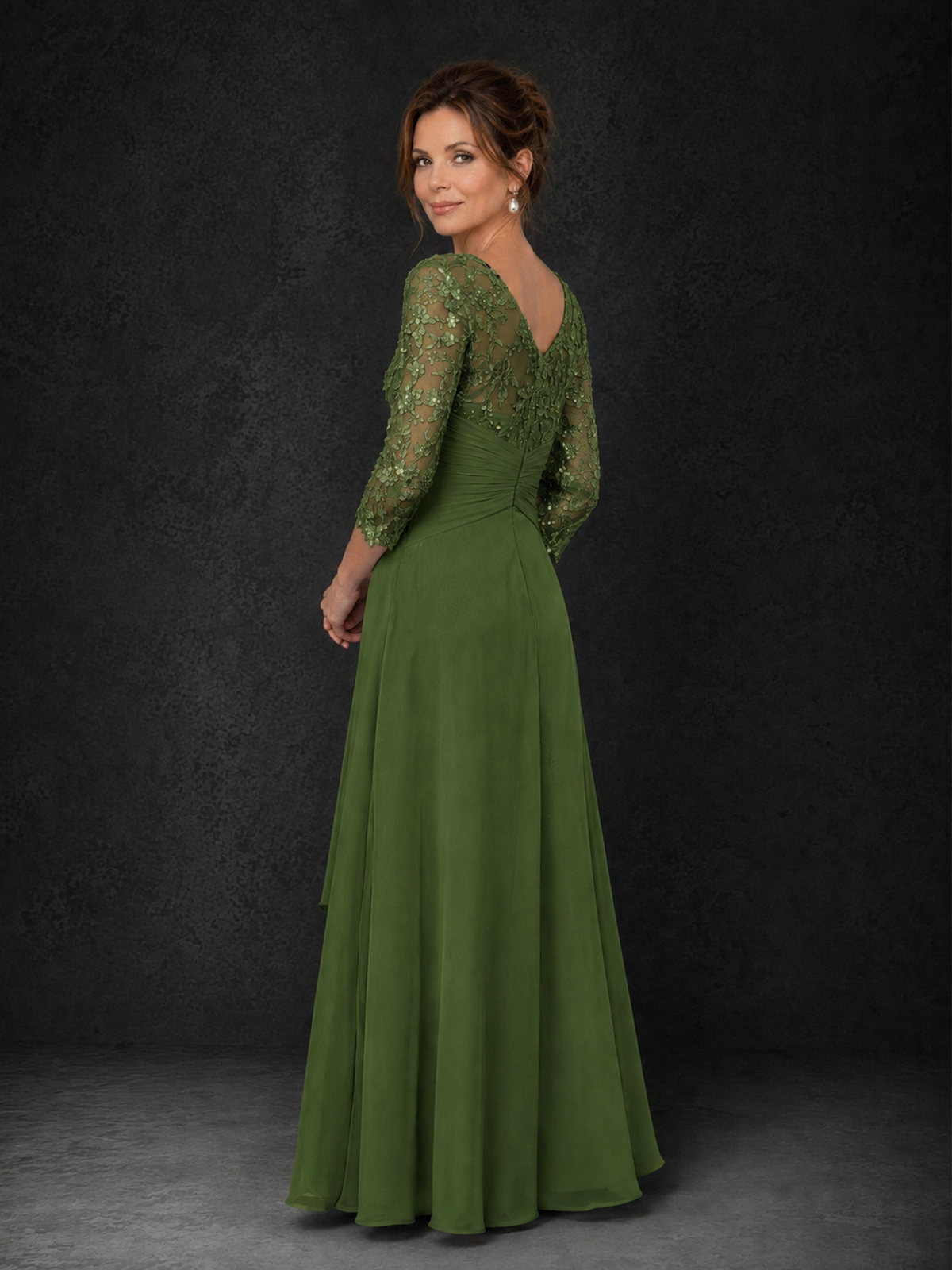 BOLODOO Olive Green Sequin Lace & Chiffon Tea-Length Mother of the Bride Dress with 3/4 Sleeves - Olive Green