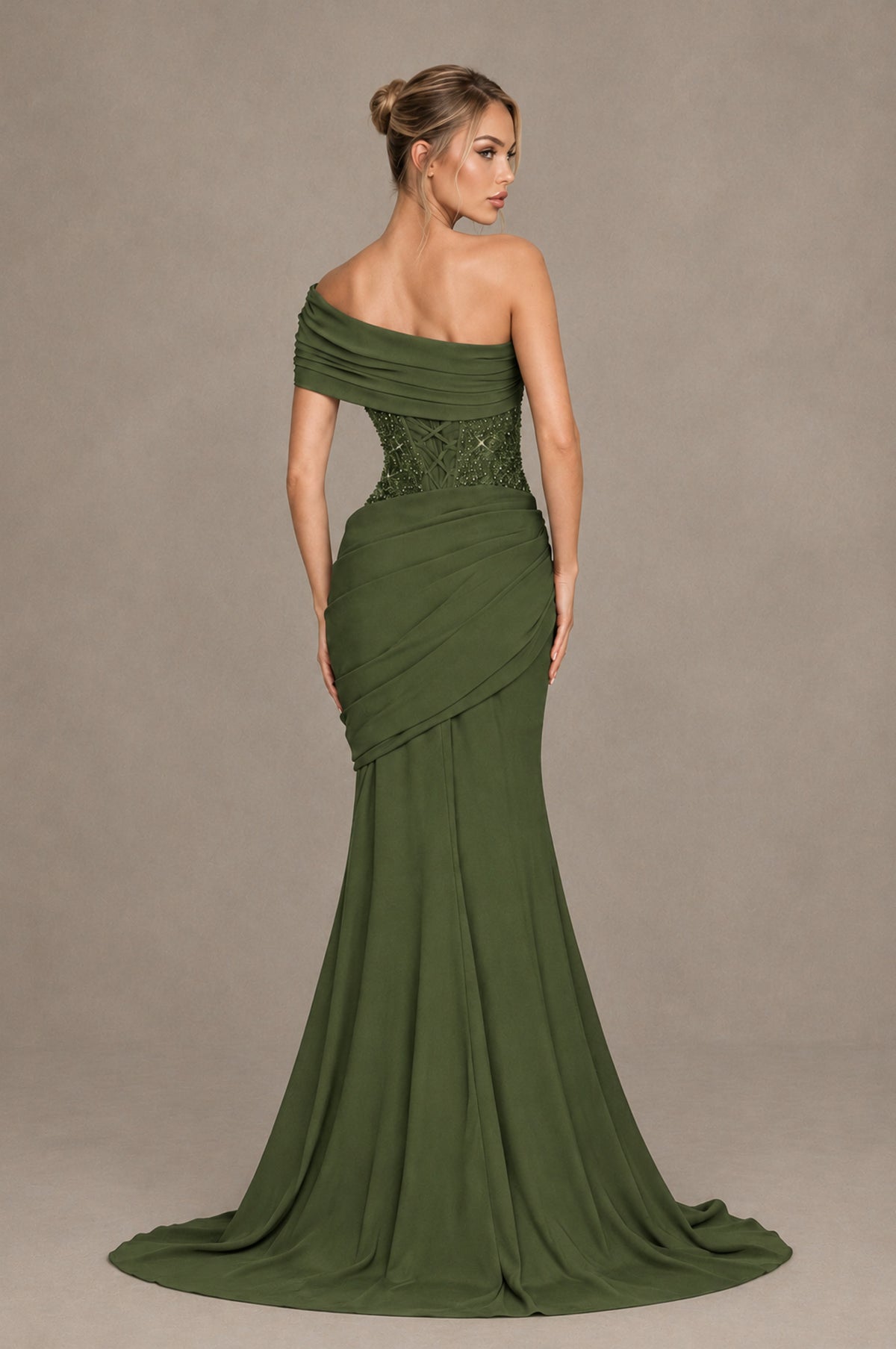BOLODOO Olive Green One-Shoulder Sequin Embroidered Ruched Mermaid Gown with Train - Olive Green - Olive Green_2