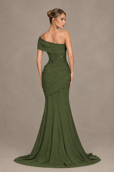 BOLODOO Olive Green One-Shoulder Sequin Embroidered Ruched Mermaid Gown with Train - Olive Green - Olive Green_2