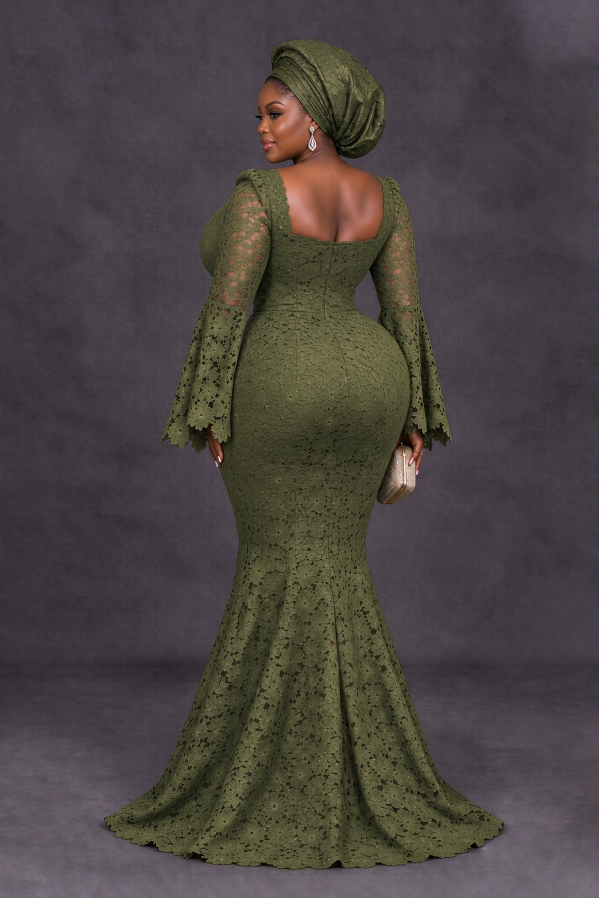 BOLODOO Olive Green African Lace Mermaid Dress, Plus Size Nigerian Wedding Guest Gown with Bell Sleeves - Olive Green - Olive Green_2