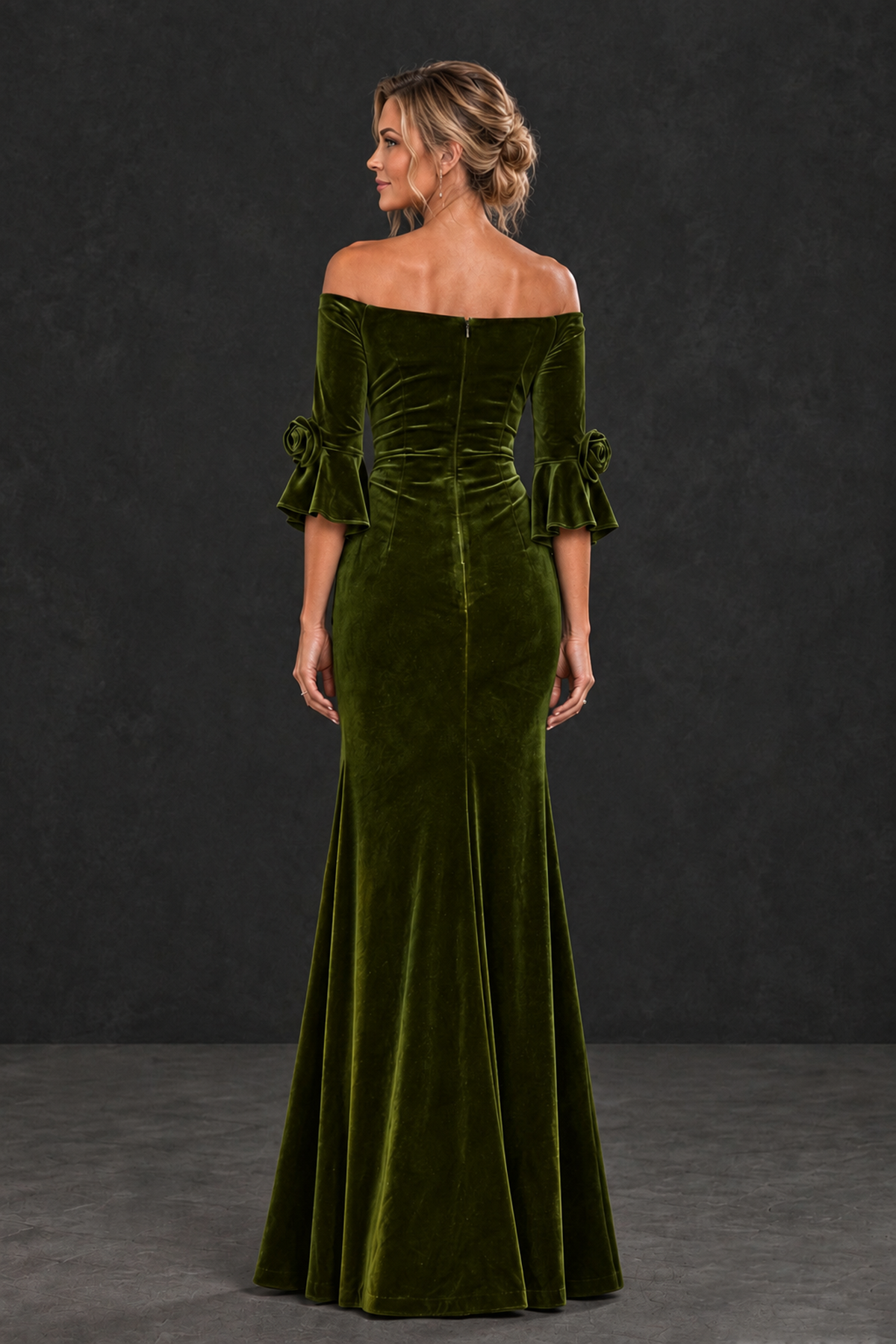 BOLODOO Olive Green Velvet Off-Shoulder Mother of the Bride Dress – 3/4 Floral Cuff Sleeve Mermaid Evening Gown - Olive Green - Olive Green_2